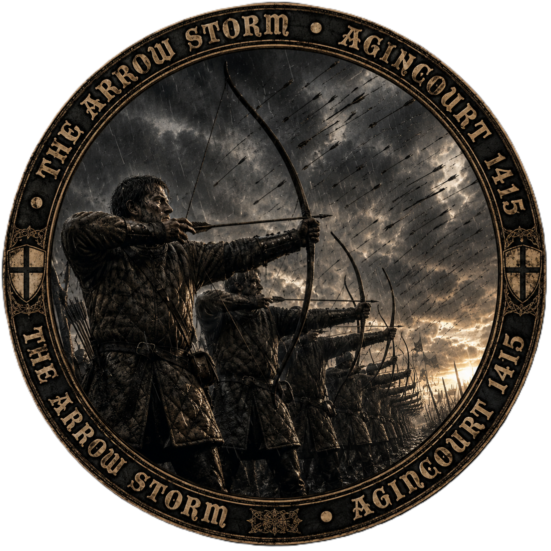 Medieval English longbowmen drawing bows in the rain at the Battle of Agincourt, 1415