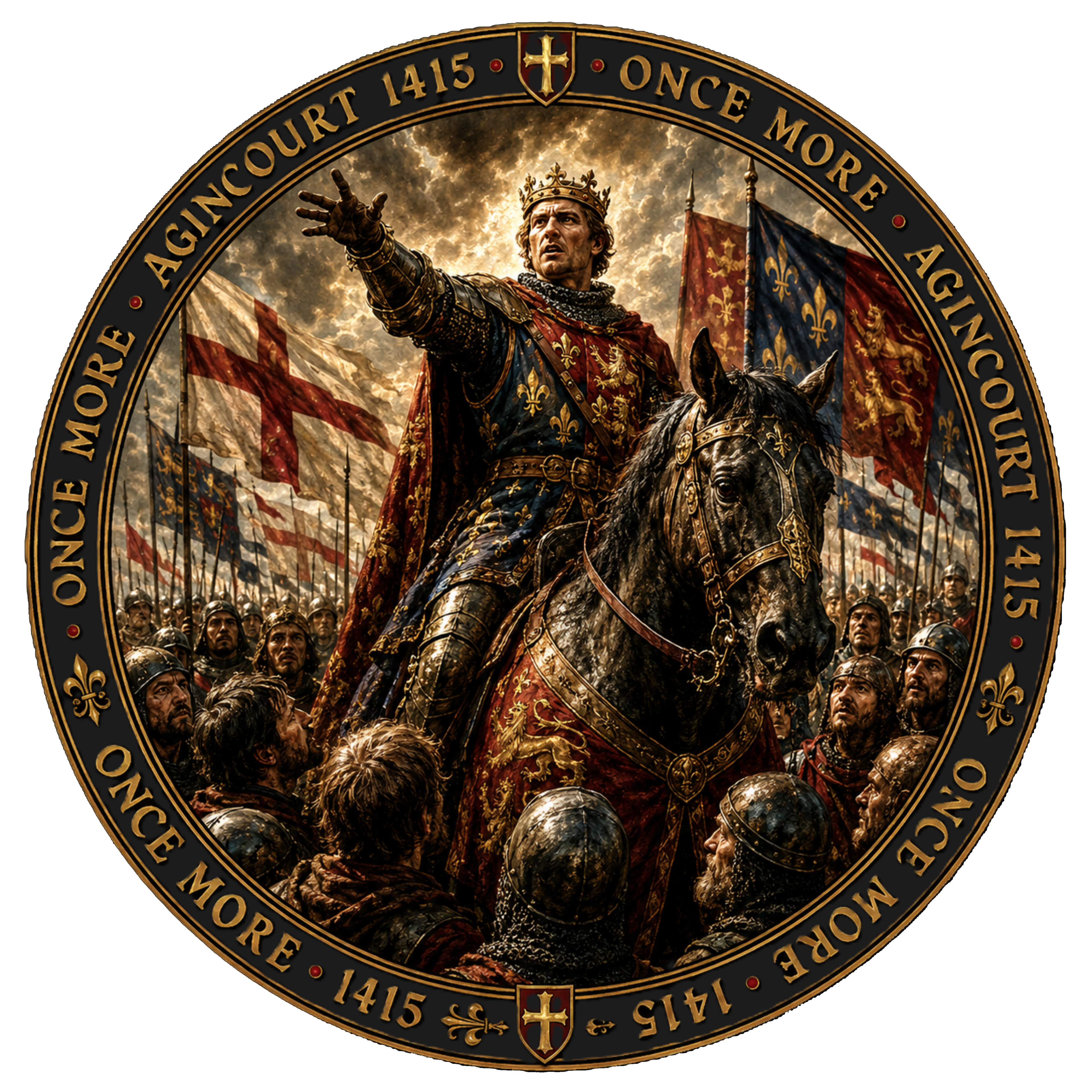 Henry V on horseback rallying his troops beneath royal banners before the Battle of Agincourt, 1415