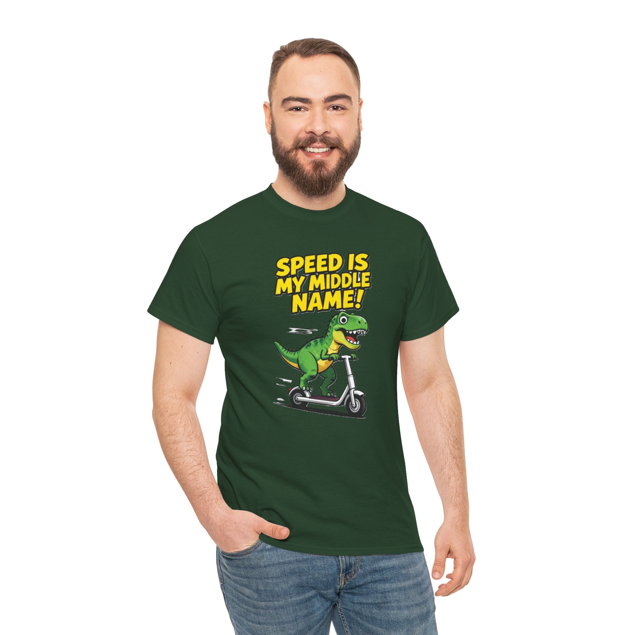 Speed Is My Middle Name T-Shirt – Funny T-Rex Electric Scooter Cartoon Dinosaur | Fast Dino Graphic Tee