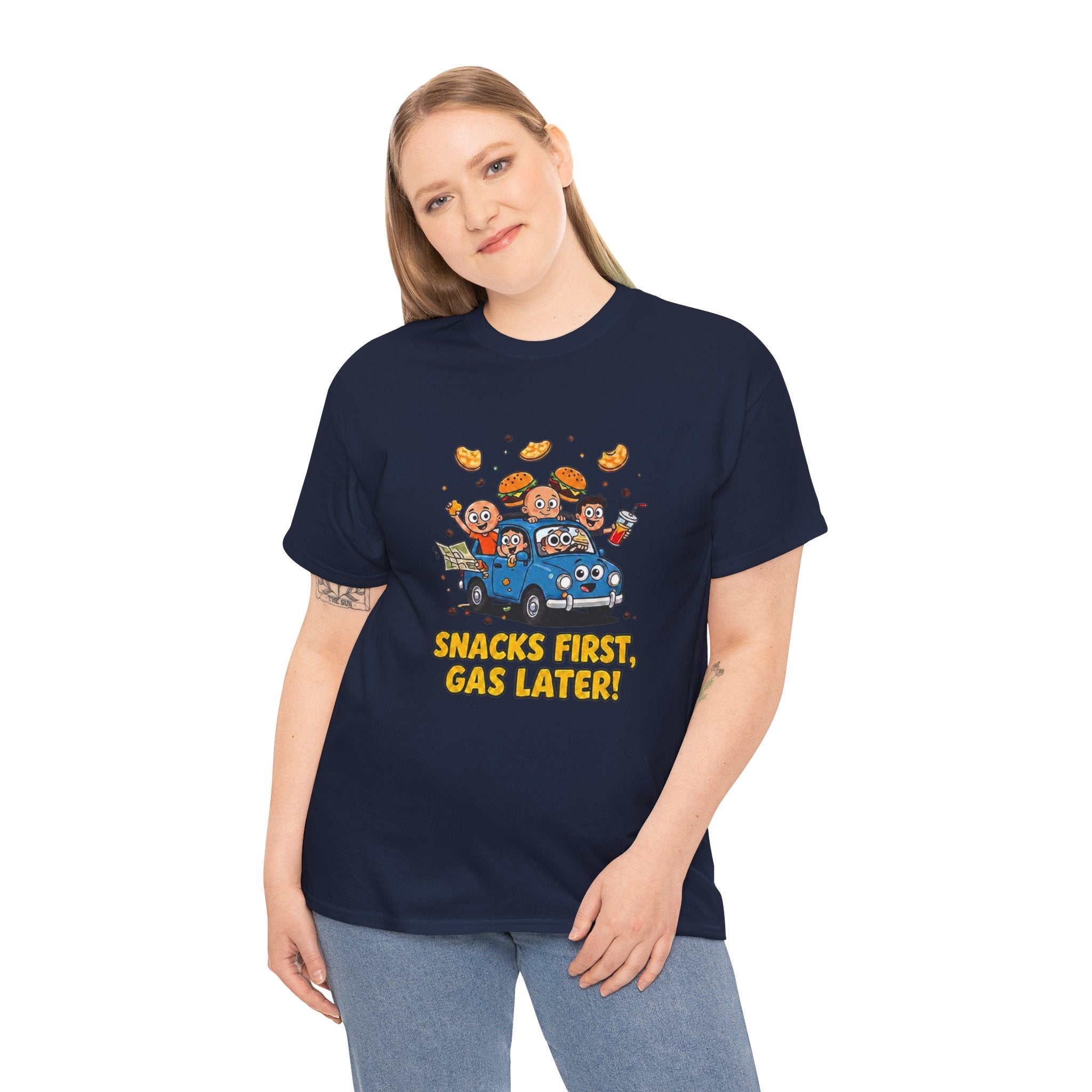 Snacks First Gas Later T-Shirt – Funny Road Trip Car Food Cartoon | Family Travel Humour Graphic Tee