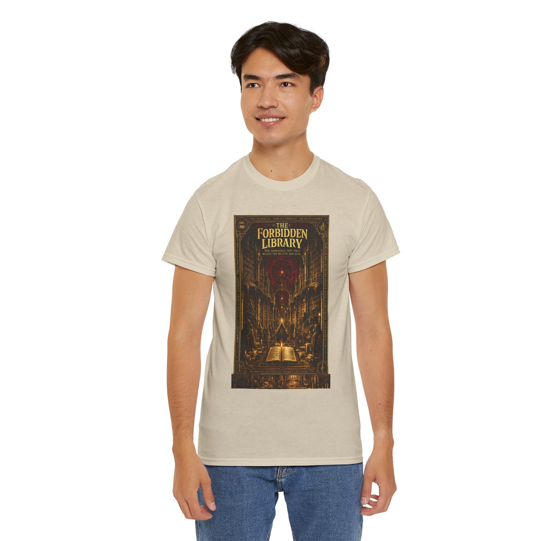 The Forbidden Library T-Shirt | Occult Grimoire Graphic Tee | Esoteric Gothic Bookshelf Shirt | Dark Academia Mystic Art