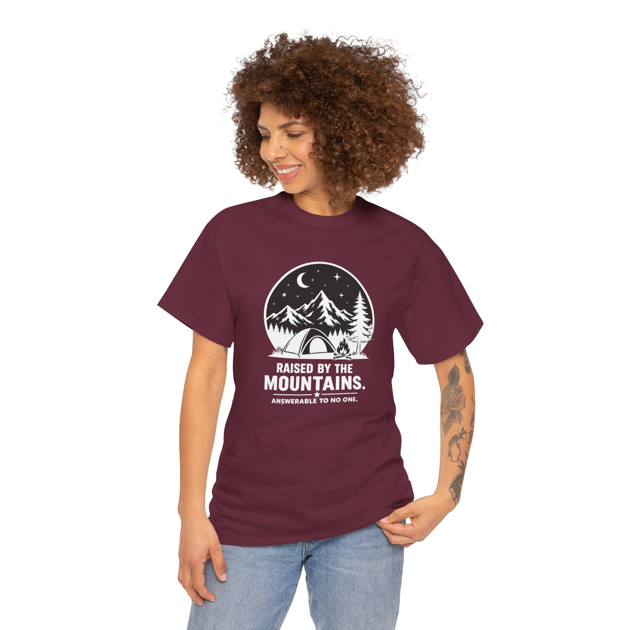 Raised By The Mountains T-Shirt — Mountain Tent Moon Graphic Tee