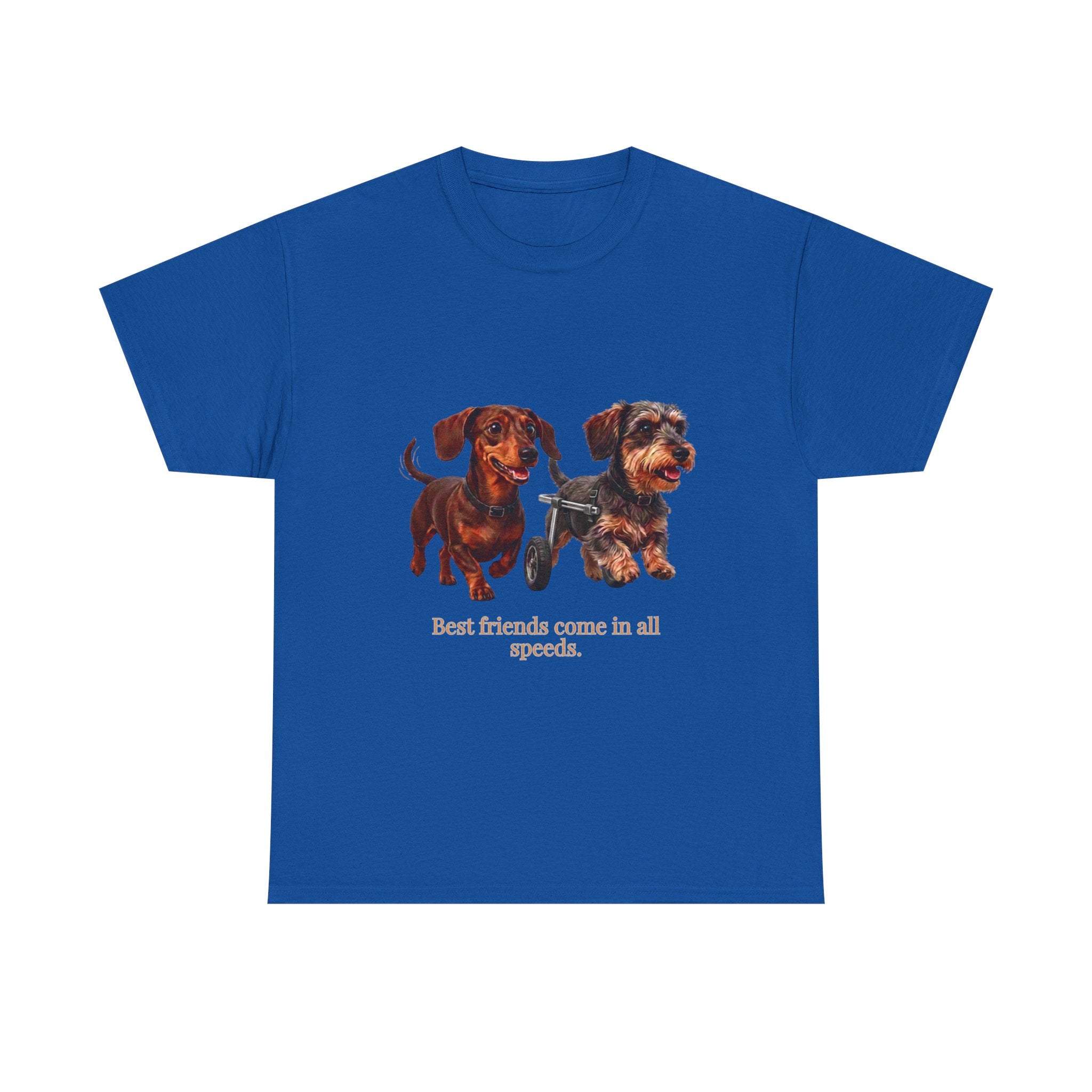 Dachshund Friends T-Shirt — Best Friends Roll Together | Cute Dachshund Mobility Dog Tee | Heartwarming Furry Friends Graphic T-Shirt
