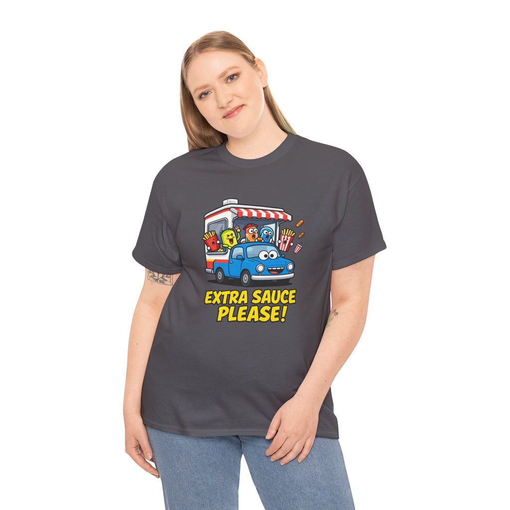 Extra Sauce Please T-Shirt – Funny Drive Thru Cartoon Car Fast Food Graphic Tee | Food Lover Motoring Humour