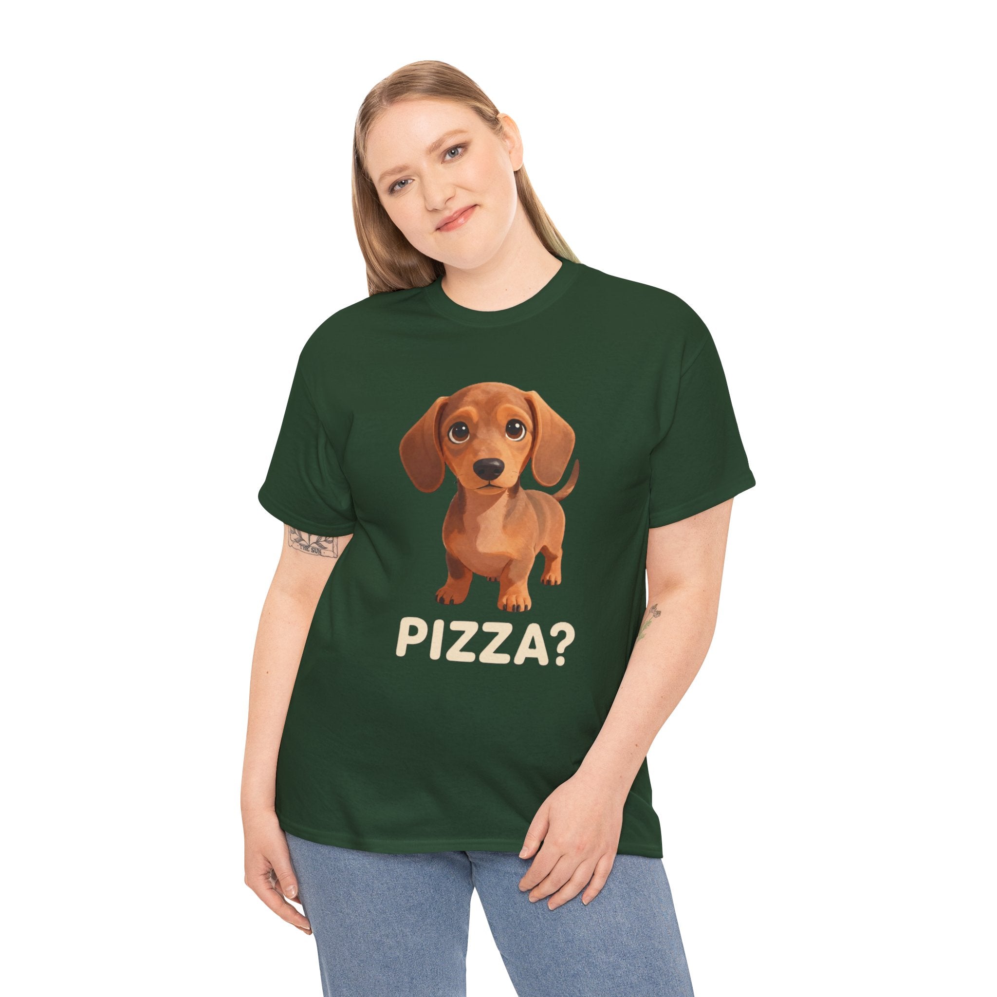 T-Shirt — Cute Dachshund Puppy Design with "PIZZA?" Text
