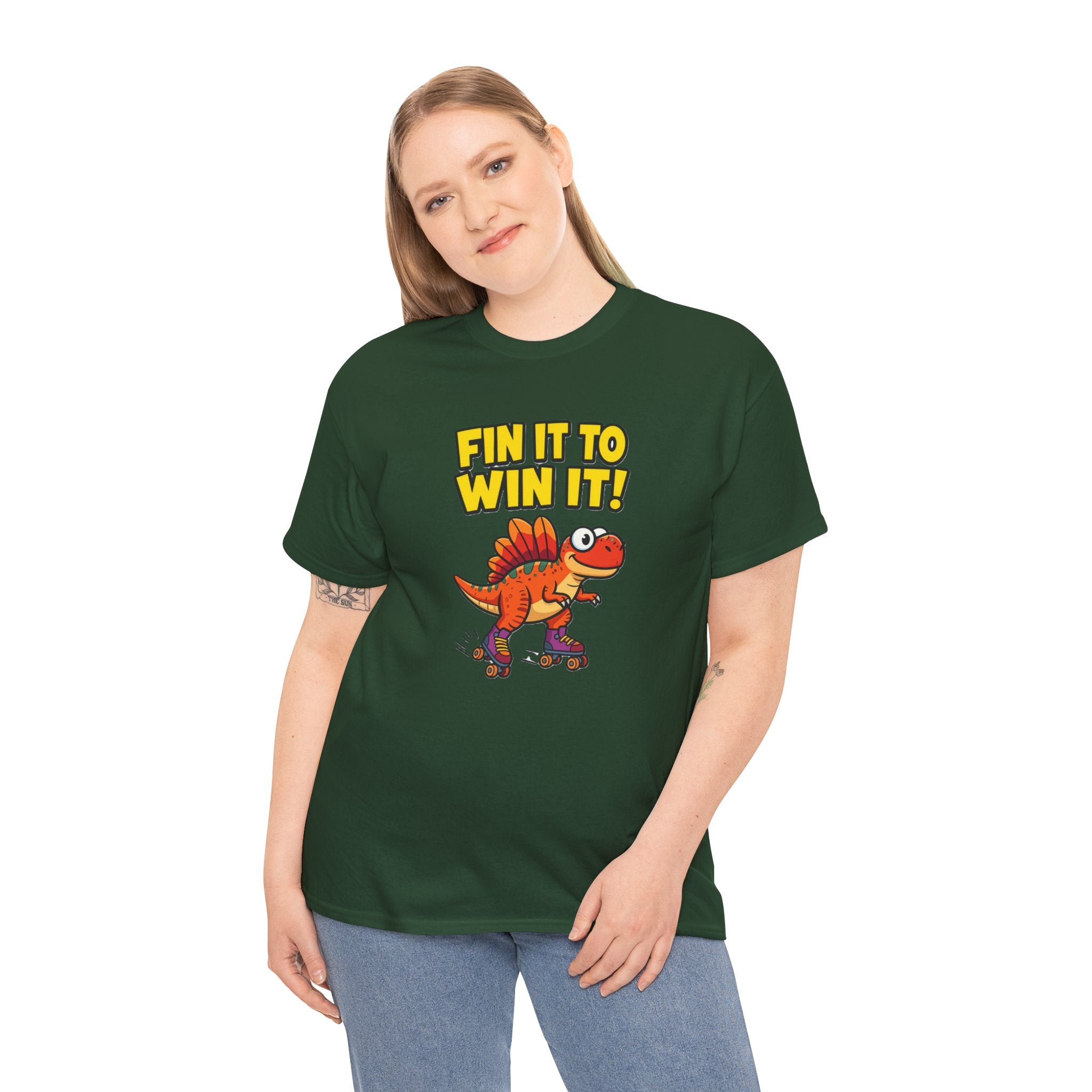 Fin It to Win It T-Shirt – Funny Spinosaurus Roller Skate Cartoon Dinosaur | Dino Skater Pun Graphic Tee