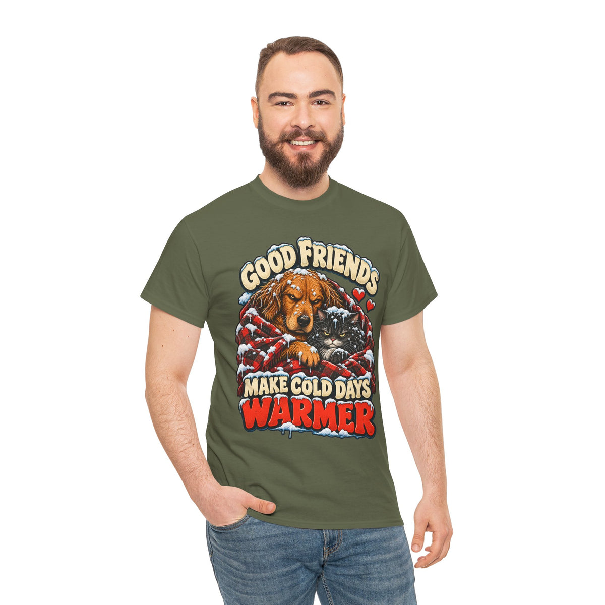Good Friends Make Cold Days Warmer: Dog and Cat Winter T-Shirt