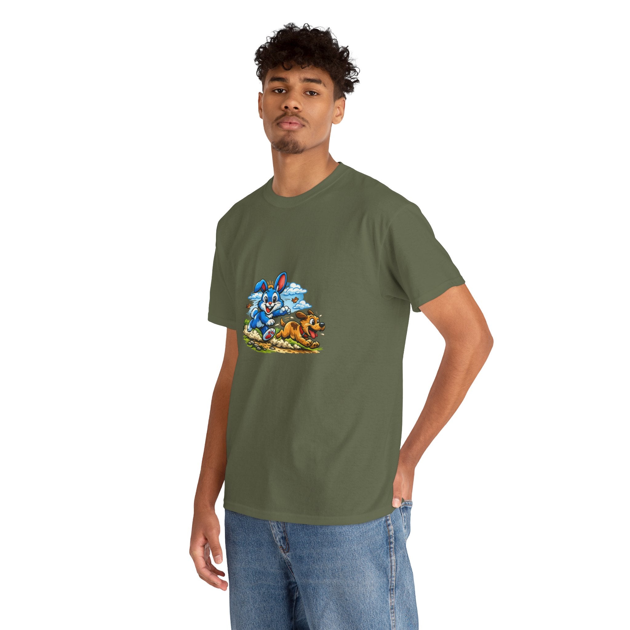 T-Shirt — Playful Blue Bunny & Dog Cartoon Graphic Tee