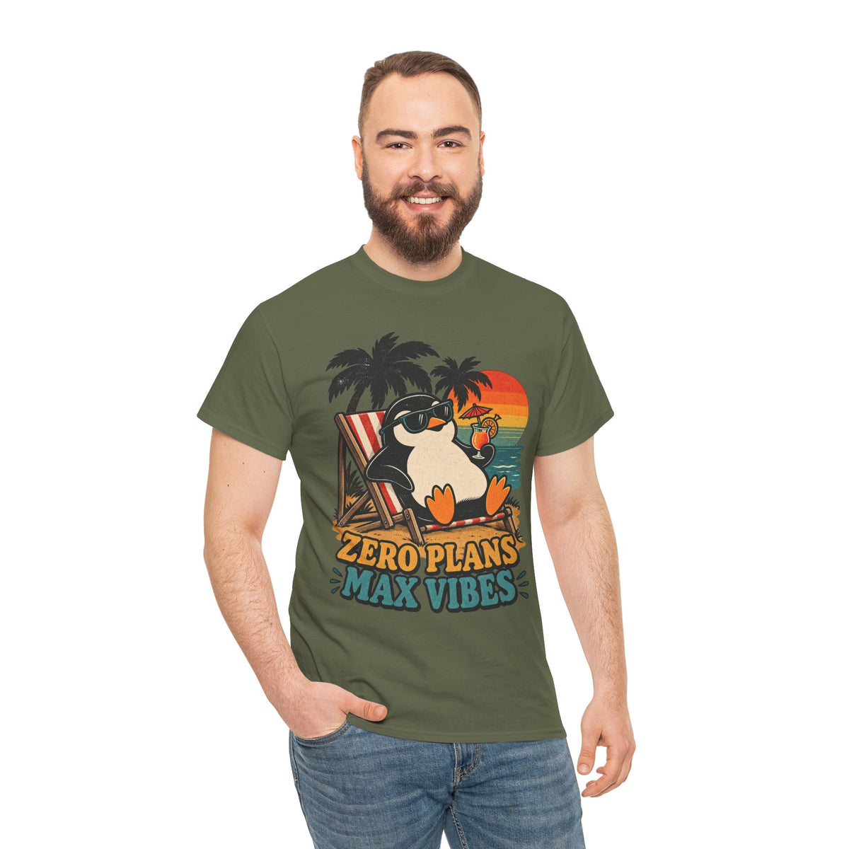 T-Shirt — "Zero Plans, Max Vibes" Penguin Beach Tee