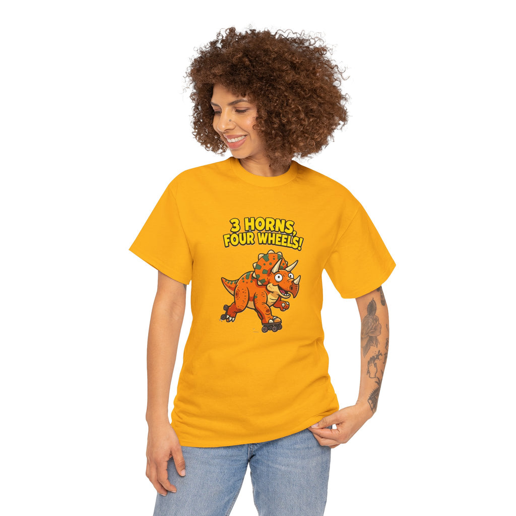 3 Horns Four Wheels T-Shirt – Funny Triceratops Roller Skate Cartoon Dinosaur | Dino Skater Graphic Tee