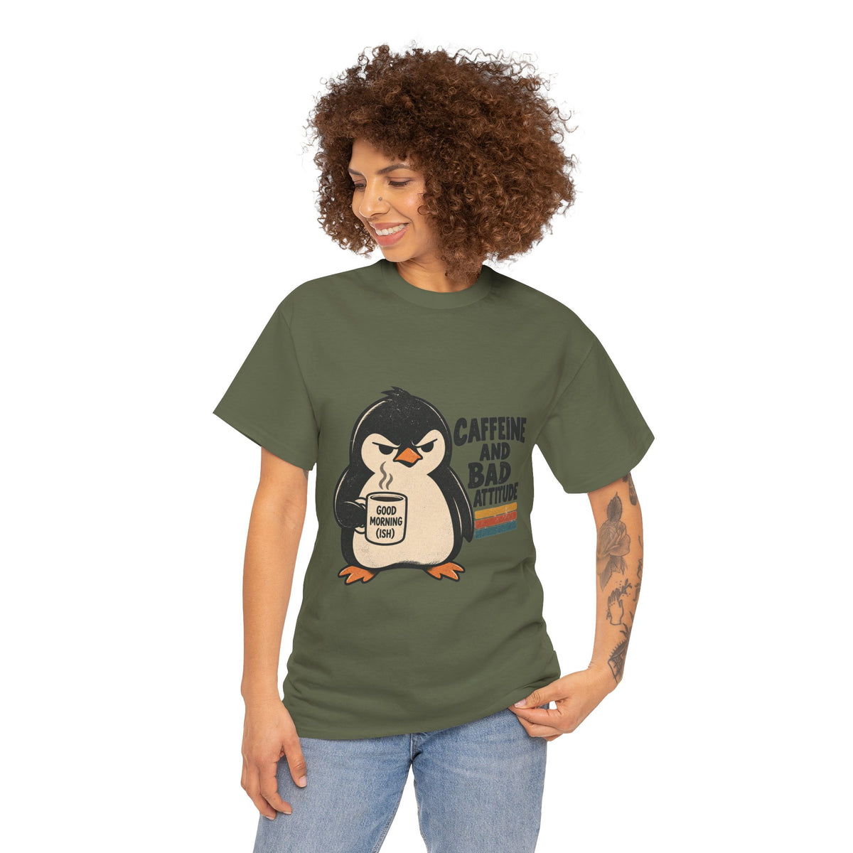 Caffeine and Bad Attitude Grumpy Penguin Coffee T-Shirt
