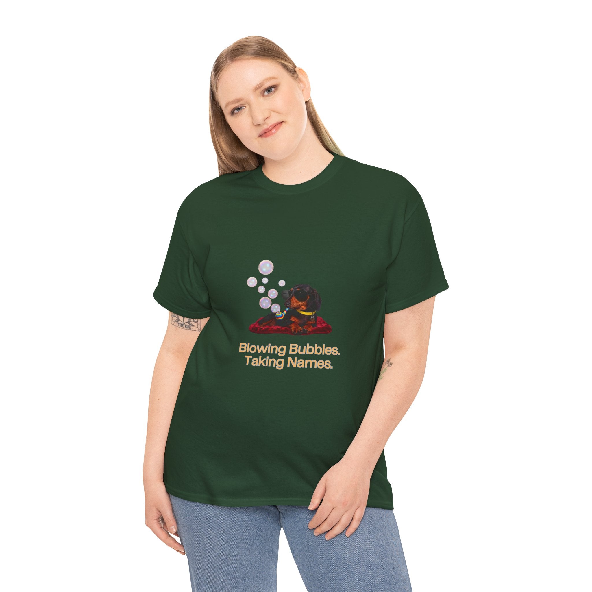 Blowing Bubbles Taking Names T-Shirt – Funny Cool Dachshund Sunglasses Bubble Pipe | Sausage Dog Wiener Dog Graphic Tee