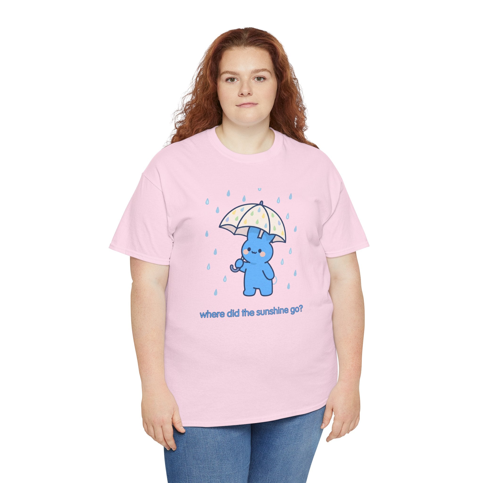 Cute Blue Bunny Tee — "Where Did the Sunshine Go?" Rainy Day Graphic T-Shirt - Where did the sunshine go? 🌧️🐰 Our little blue bunny is braving the rain with the cutest polka dot umbrella