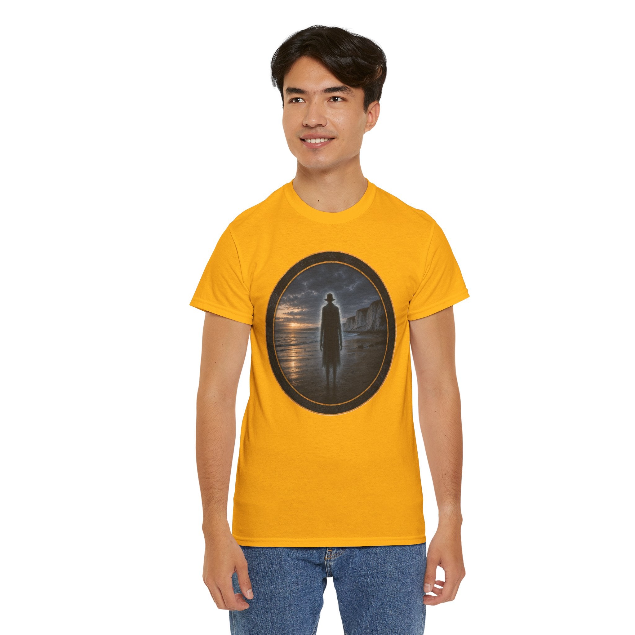 The Watcher on the Shore - Mystic Shore Tee — Silhouette at Dusk Graphic T-Shirt