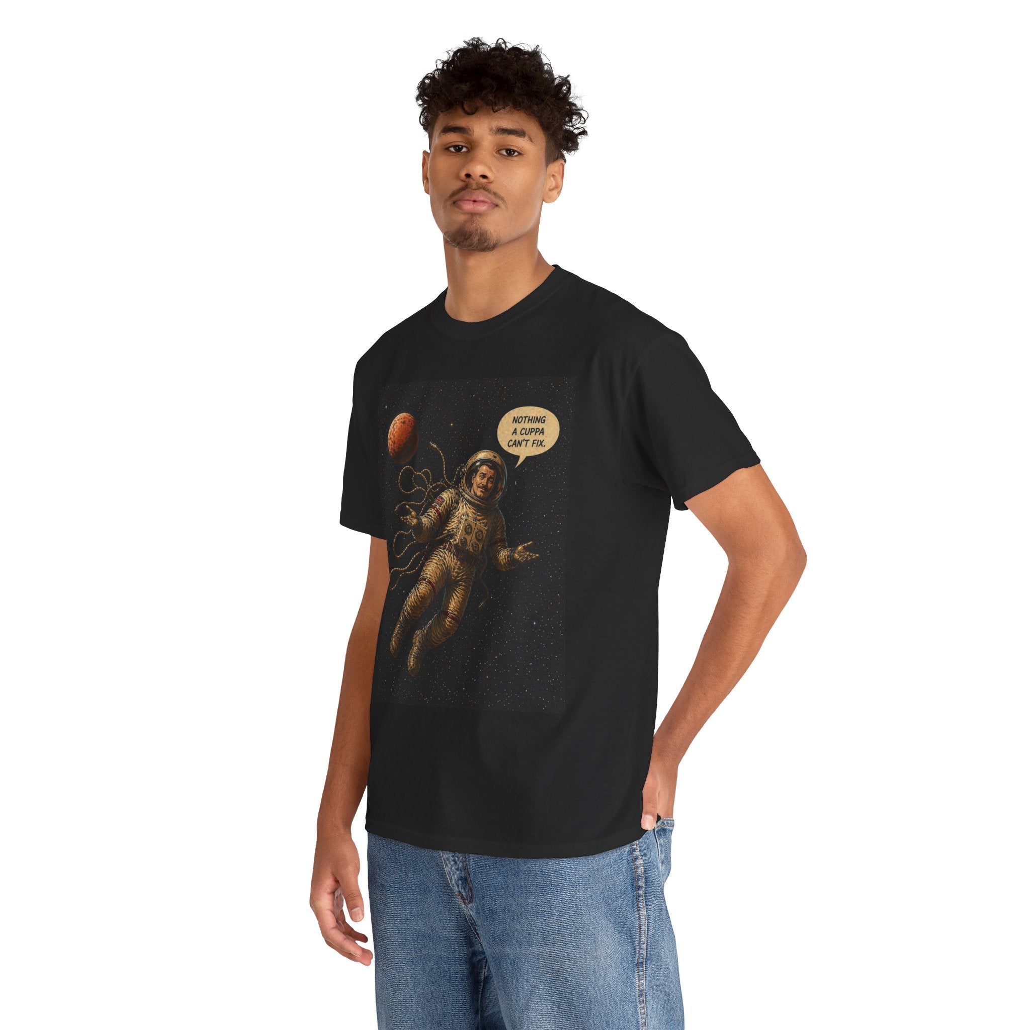 Nothing a Cuppa Can't Fix T-Shirt | Funny Astronaut Space Graphic Tee | British Humour Sci-Fi Shirt