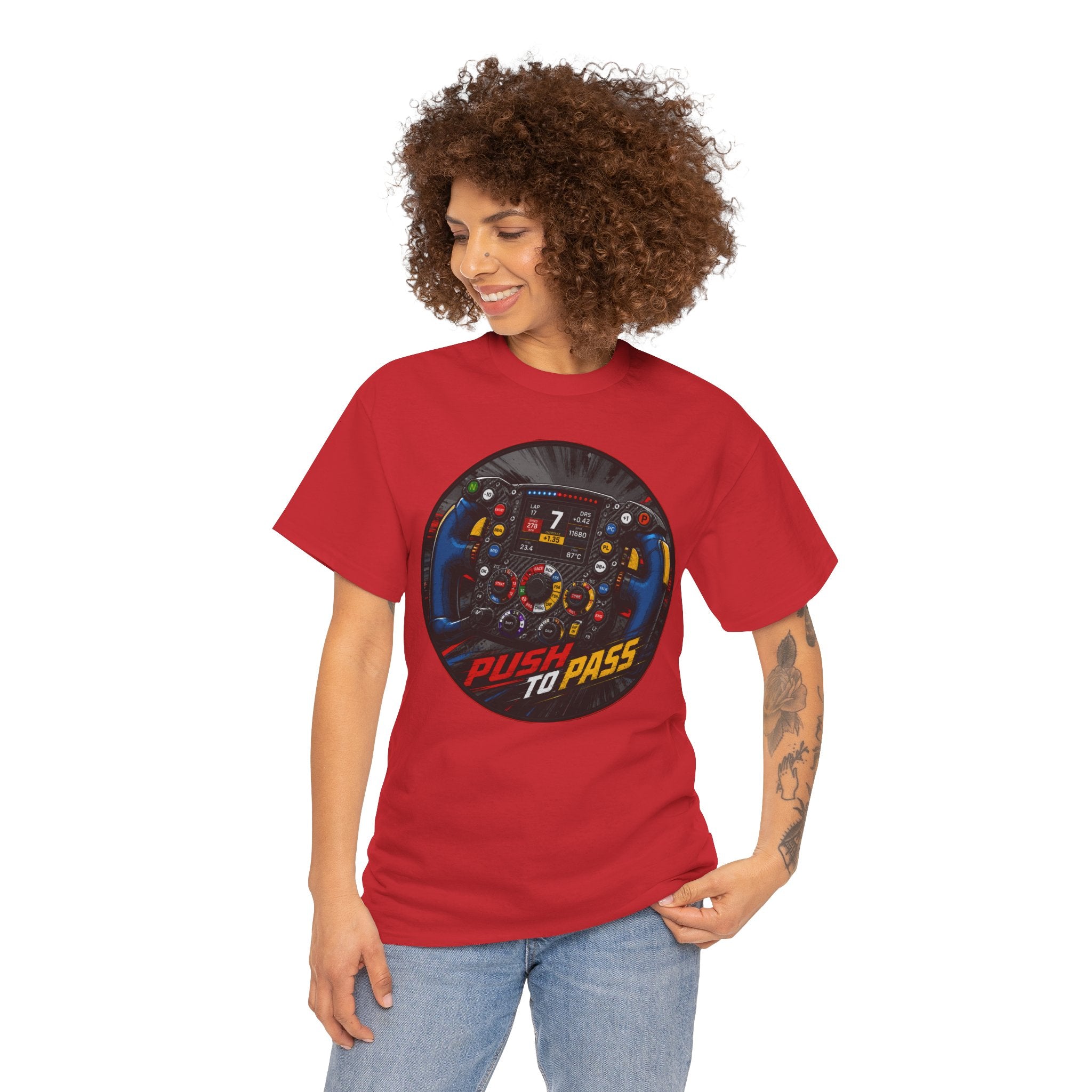 Push to Pass T-Shirt | F1 Steering Wheel Graphic Tee | Formula 1 Racing Cockpit Shirt | Motorsport Technical Diagram Art