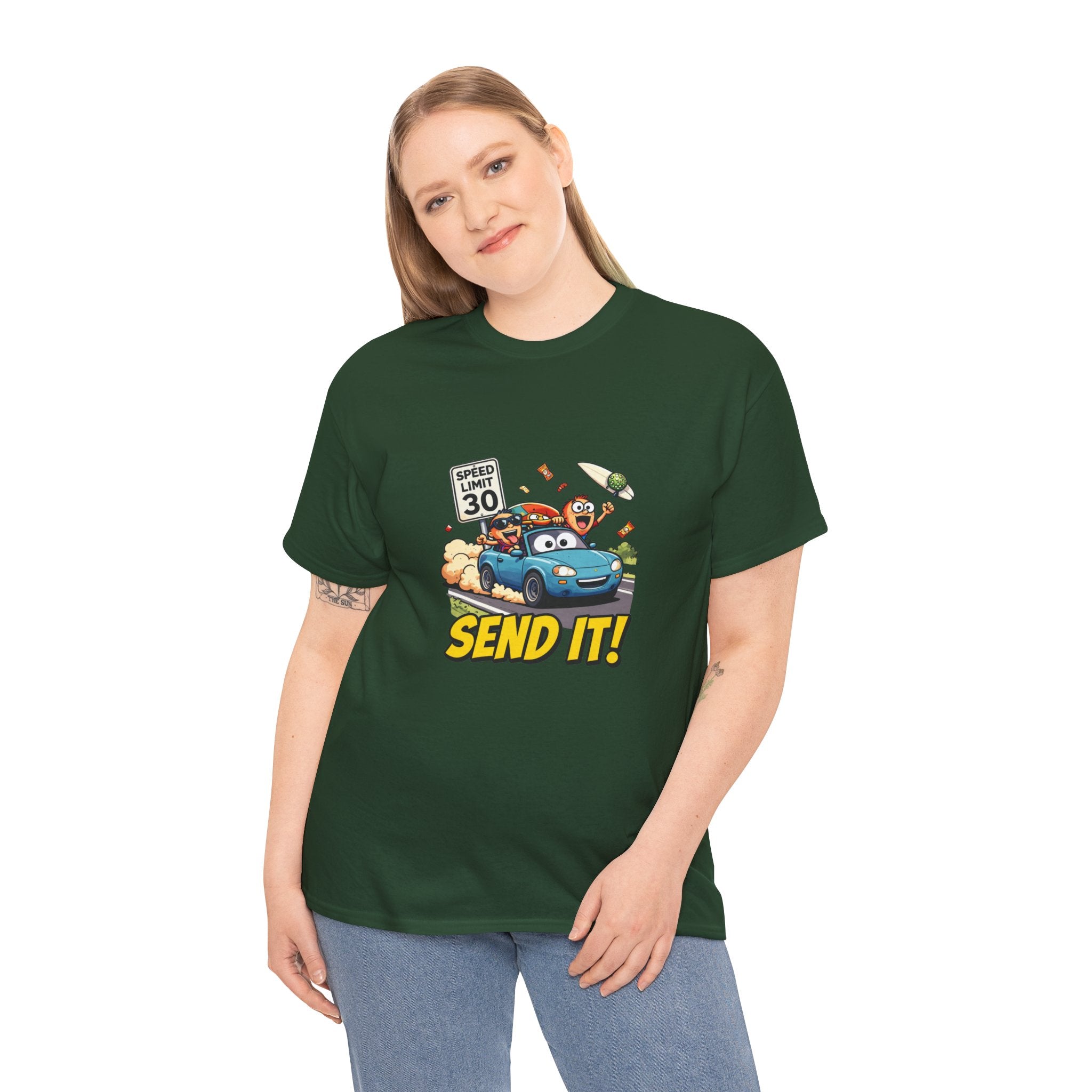 Send It T-Shirt – Funny Car Road Trip Speed Limit Graphic Tee | Cartoon Convertible Motorsport Humour