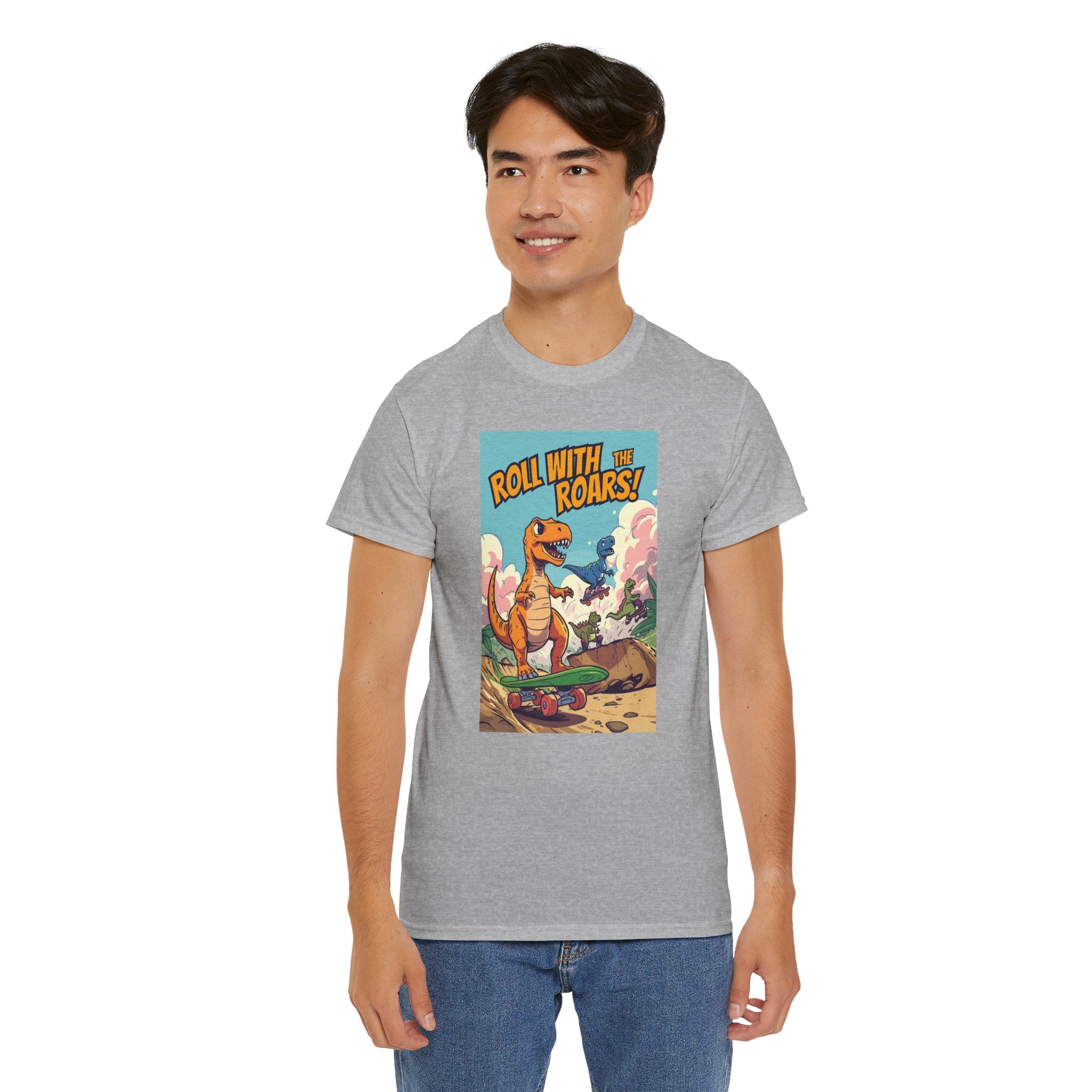Roll With The Roars T-Shirt | Skateboarding T-Rex Pack Jungle Design | Funny Dinosaur Graphic Tee | Cartoon Fun Collection