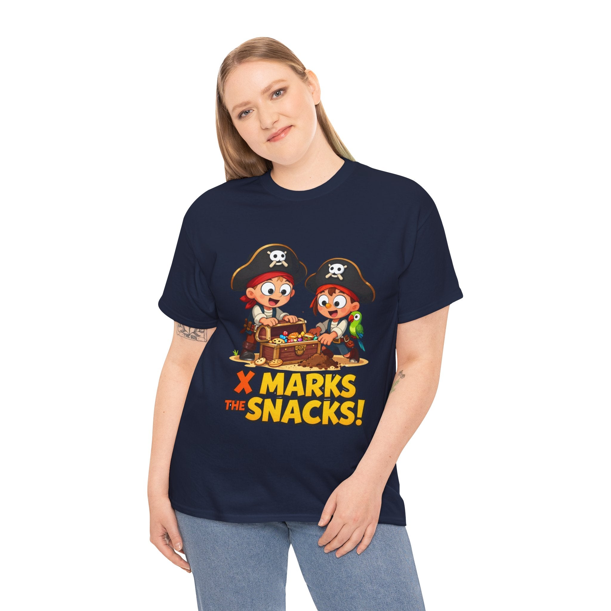 X Marks the Snacks T-Shirt – Funny Pirate Treasure Chest Food Cartoon | Pirate Parrot Foodie Humour Graphic Tee