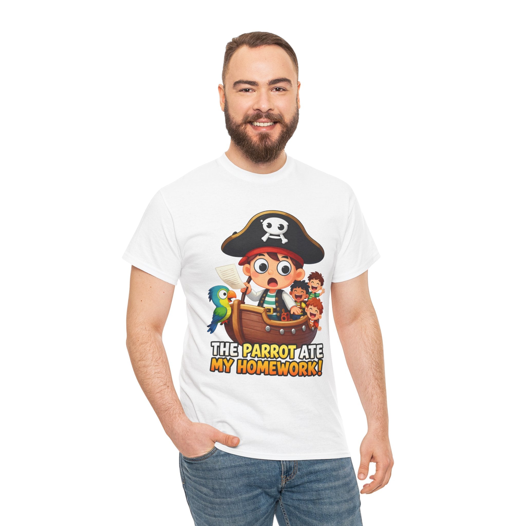 The Parrot Ate My Homework T-Shirt – Funny Pirate School Excuse Cartoon | Kids Pirate Humour Graphic Tee