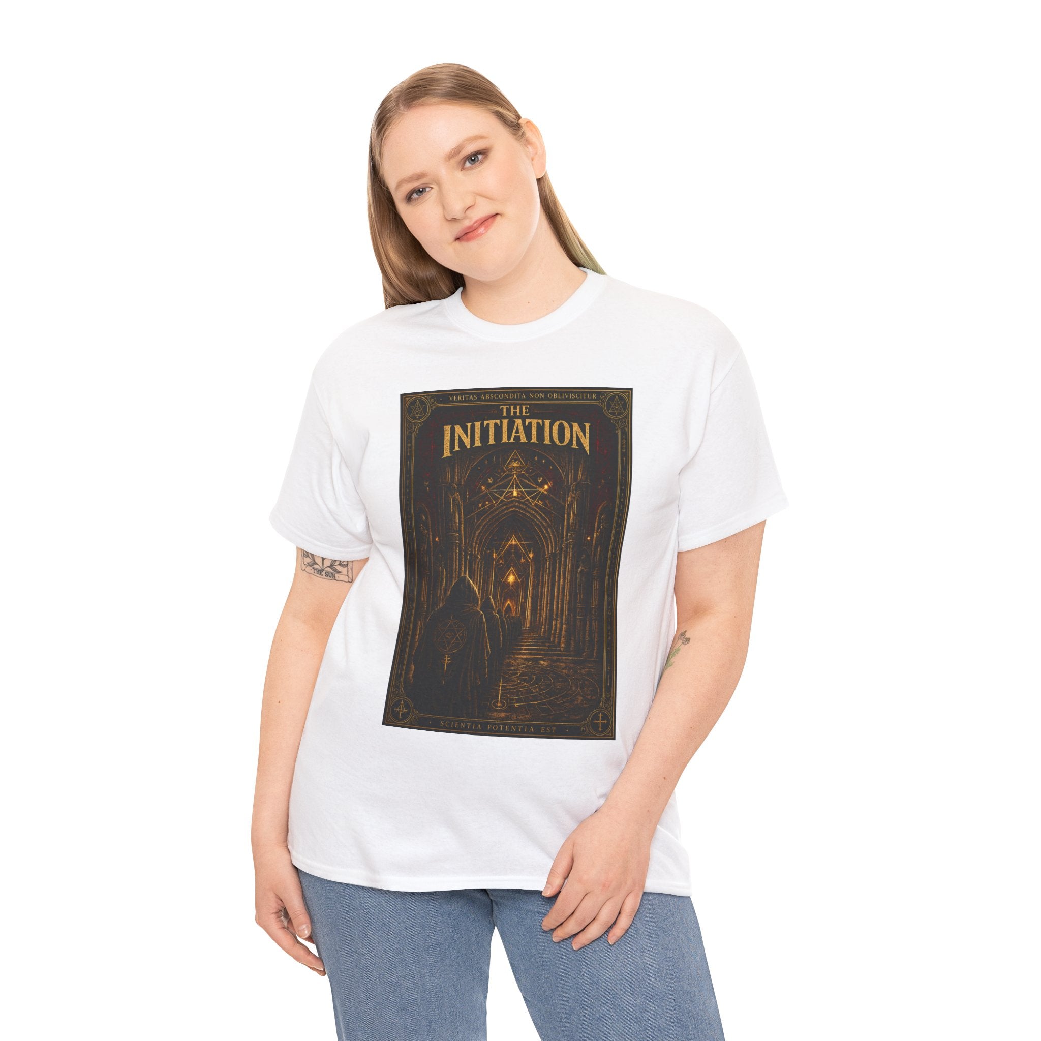 The Initiation T-Shirt | Gothic Cathedral Occult Graphic Tee | Hooded Ritual Procession Shirt | Dark Academia Mystic Art