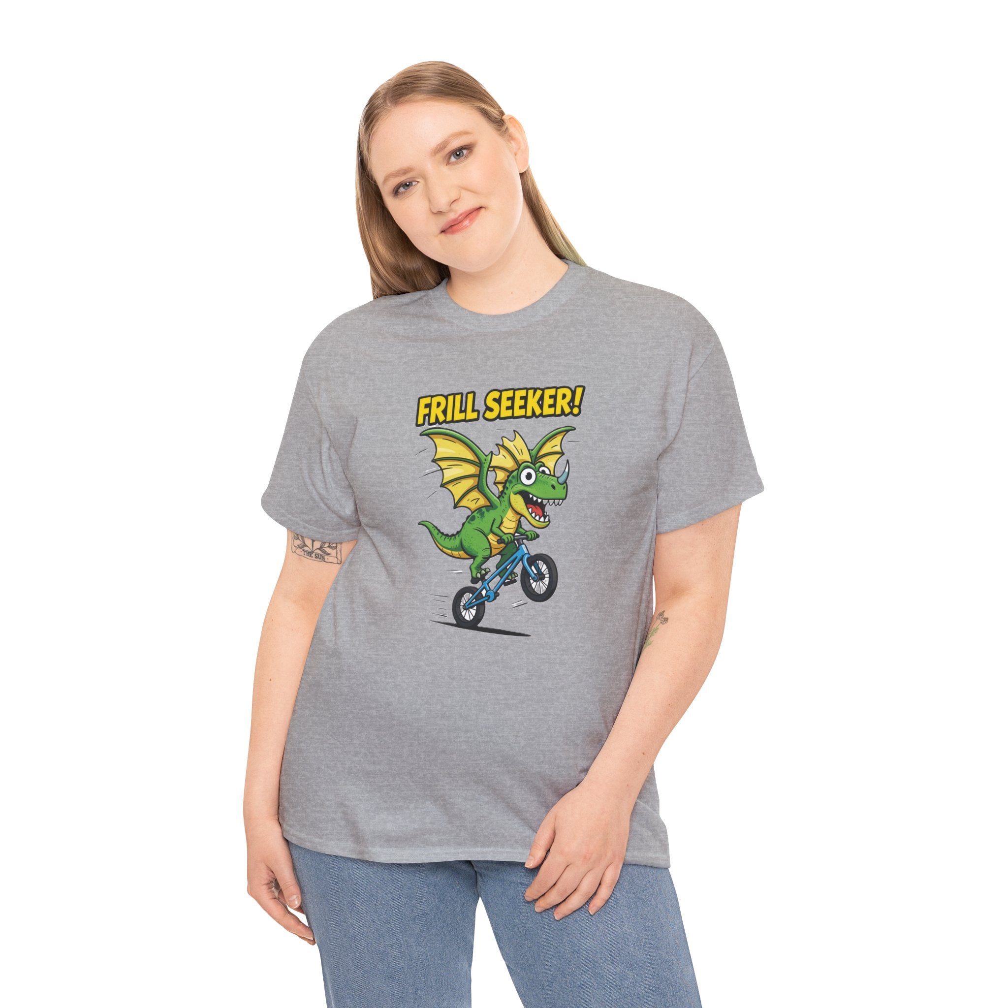 Frill Seeker T-Shirt – Funny Dragon Dinosaur BMX Bike Cartoon | Thrill Seeker Dino Pun Graphic Tee