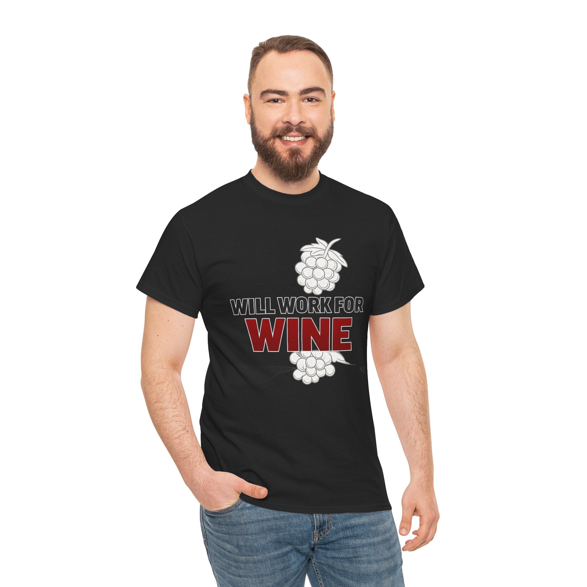 Will Work for Wine T-Shirt | Funny Wine Lover Tee | Humorous Drinking Graphic T-Shirt | Gift for Wine Fans
