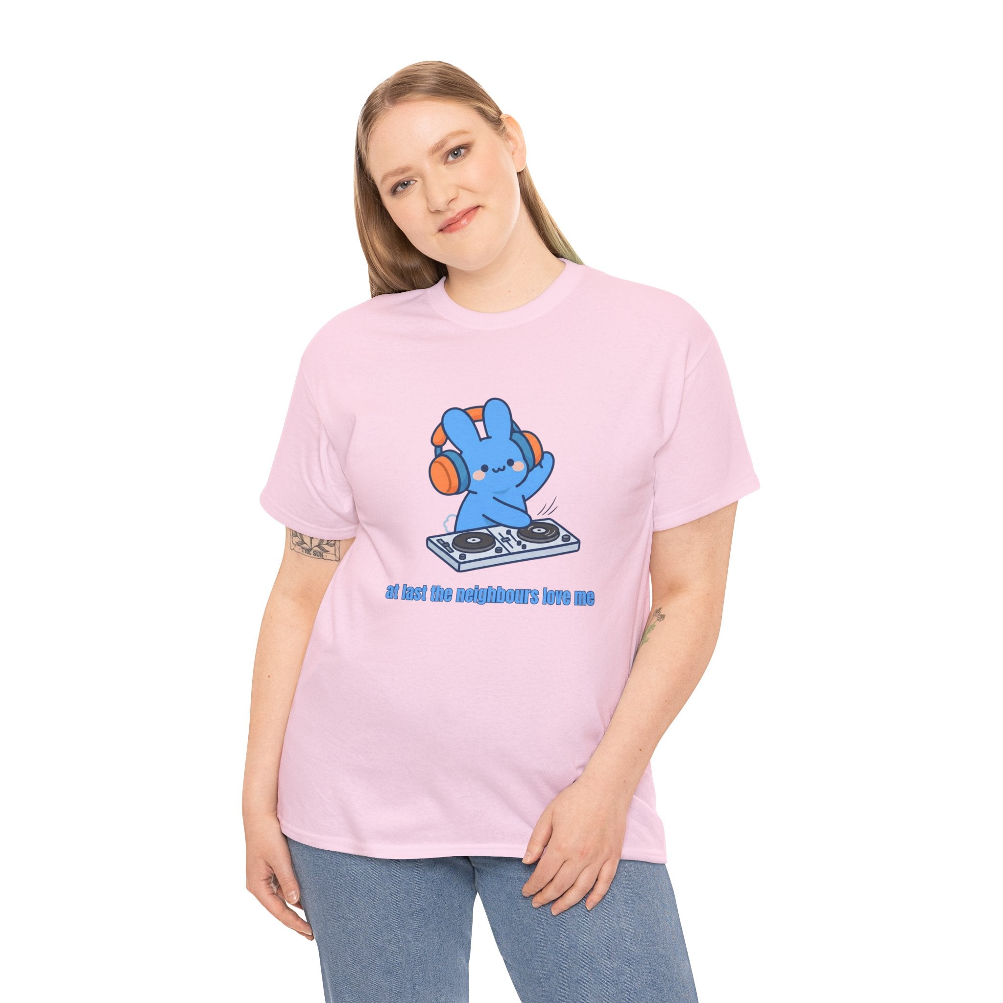 DJ Bunny T‑Shirt — "At least the neighbors love me" Cute Bunny DJ Graphic Tee - Do Not Disturb – Cute Kawaii Bunny Music Headphones Cartoon Graphic T-Shirt