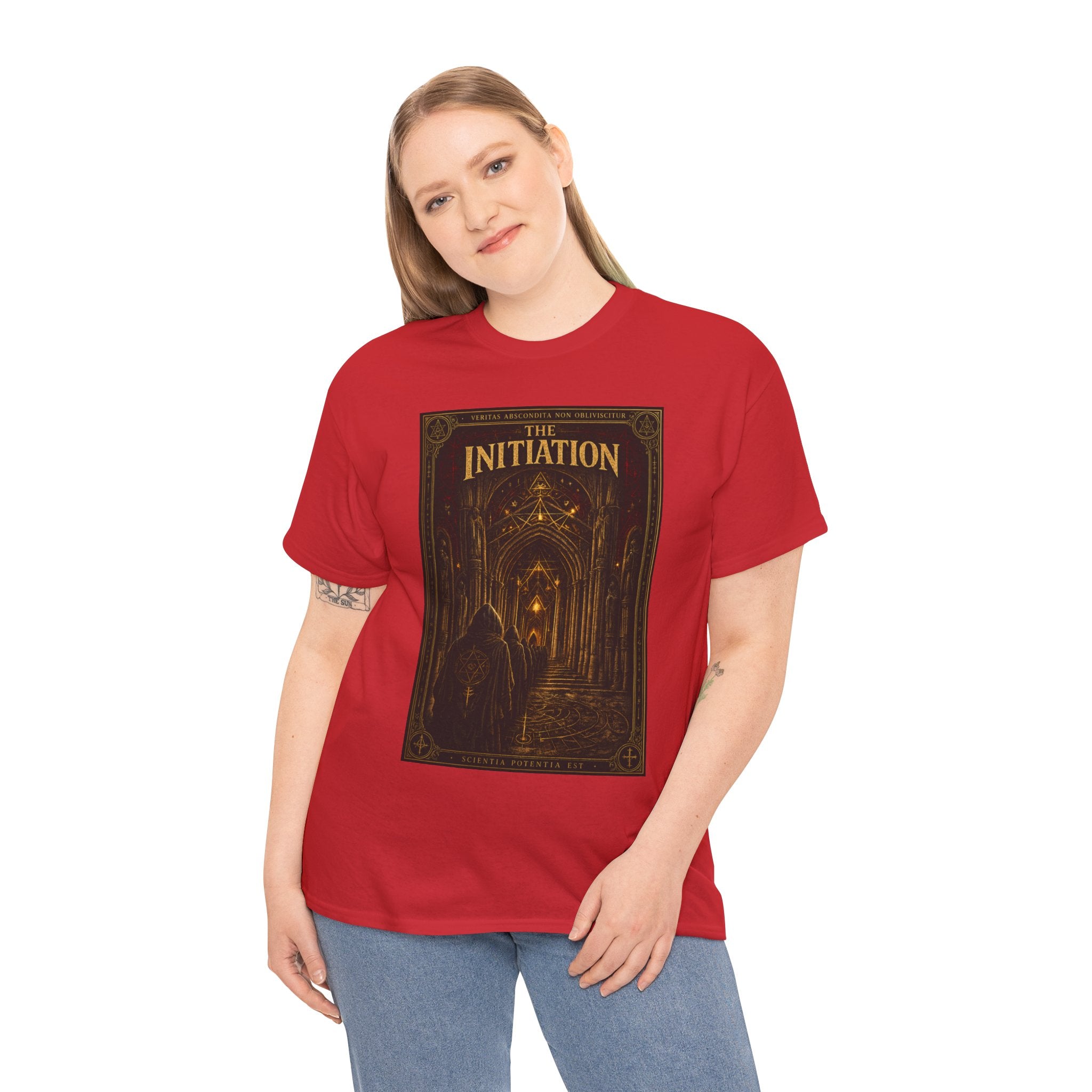 The Initiation T-Shirt | Gothic Cathedral Occult Graphic Tee | Hooded Ritual Procession Shirt | Dark Academia Mystic Art