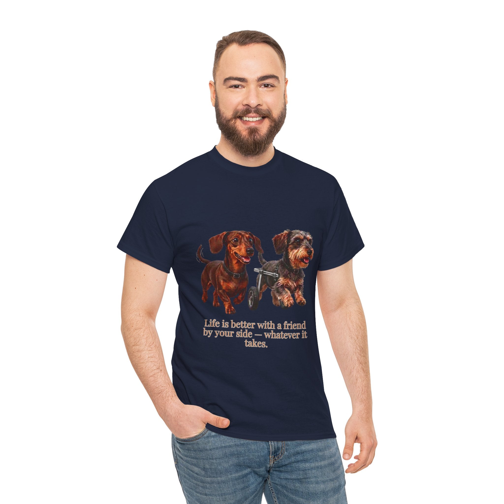 Life Is Better With a Friend by Your Side T-Shirt | Dachshund on Wheels Dog Tee | Heartwarming Furry Friends Graphic T-Shirt