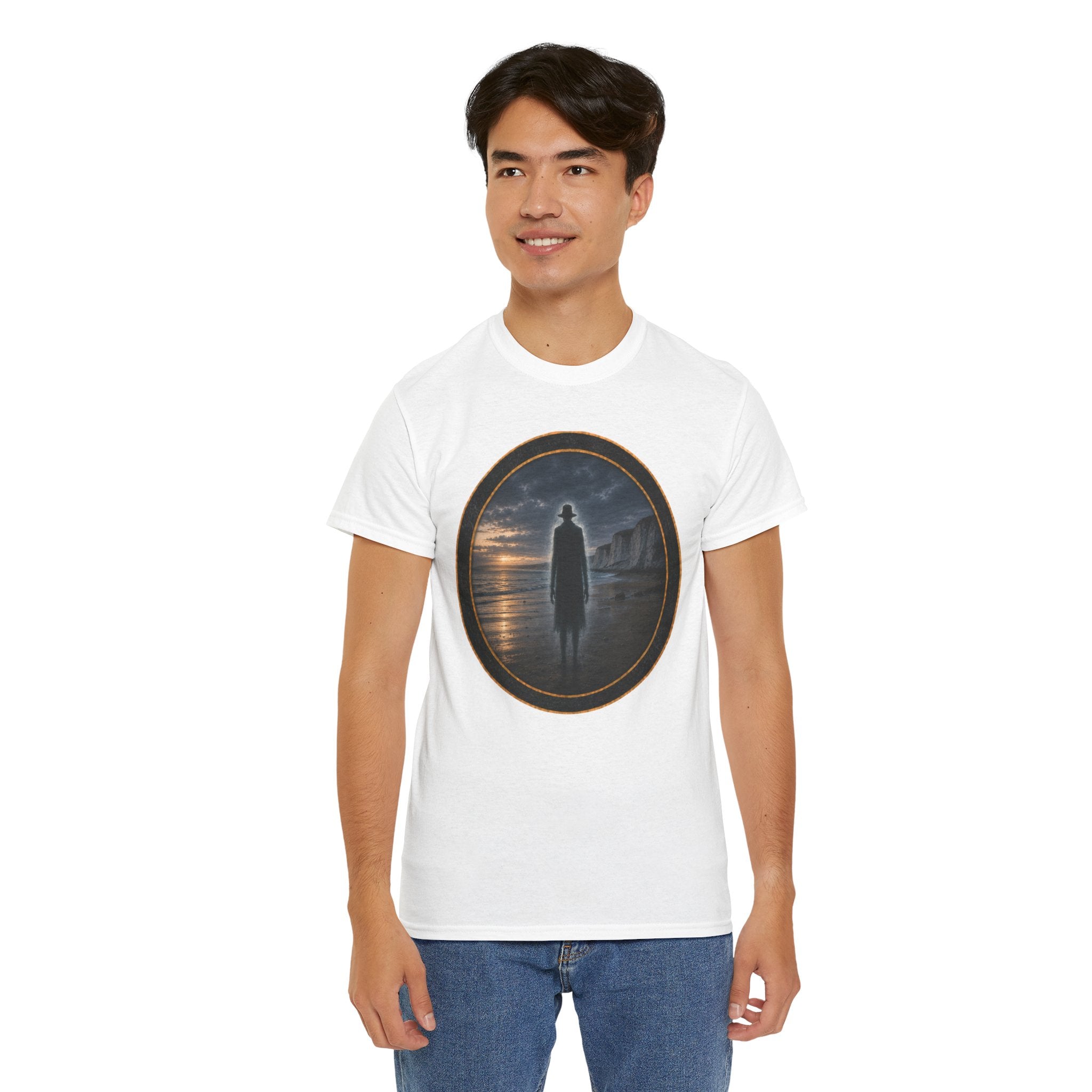 The Watcher on the Shore - Mystic Shore Tee — Silhouette at Dusk Graphic T-Shirt