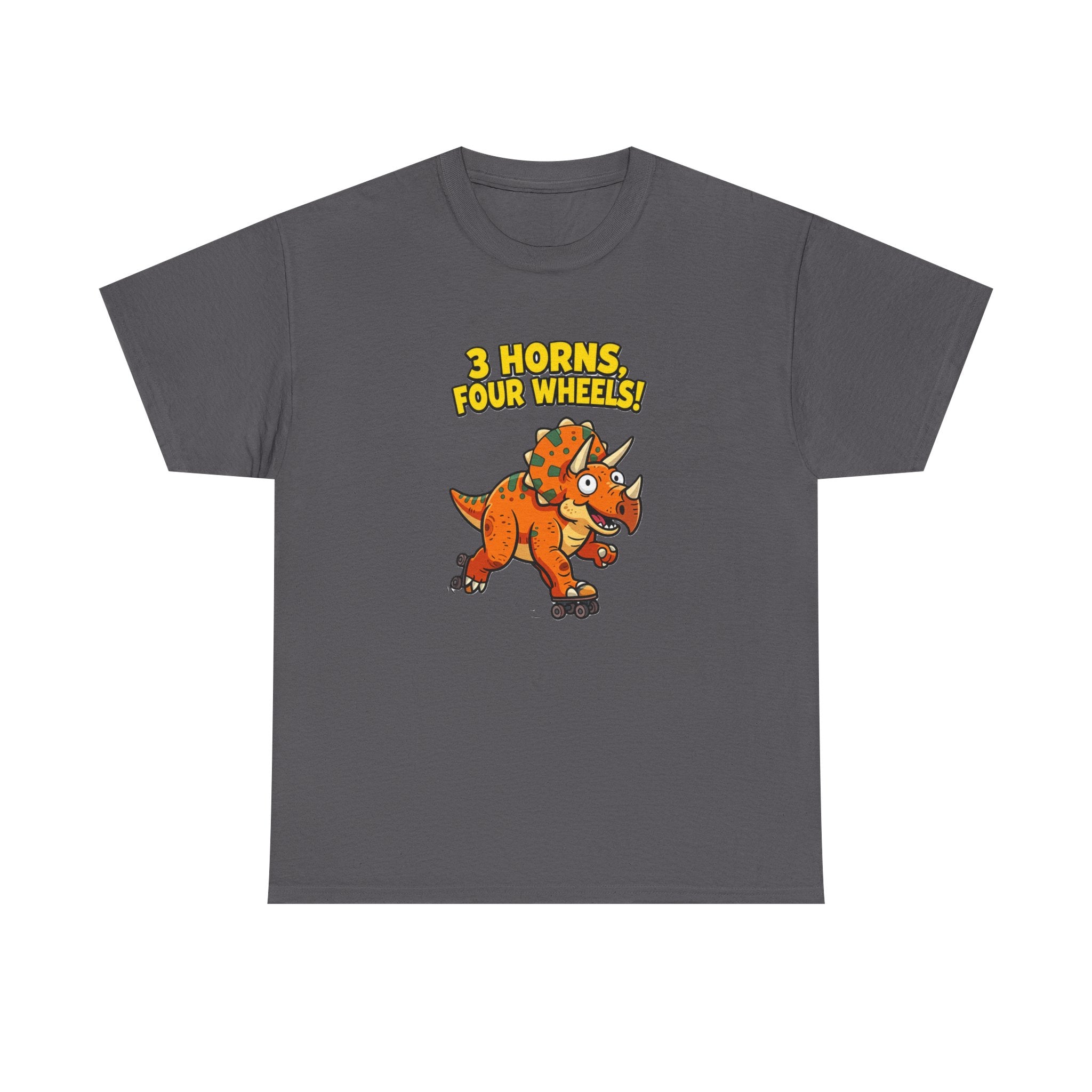 3 Horns Four Wheels T-Shirt – Funny Triceratops Roller Skate Cartoon Dinosaur | Dino Skater Graphic Tee