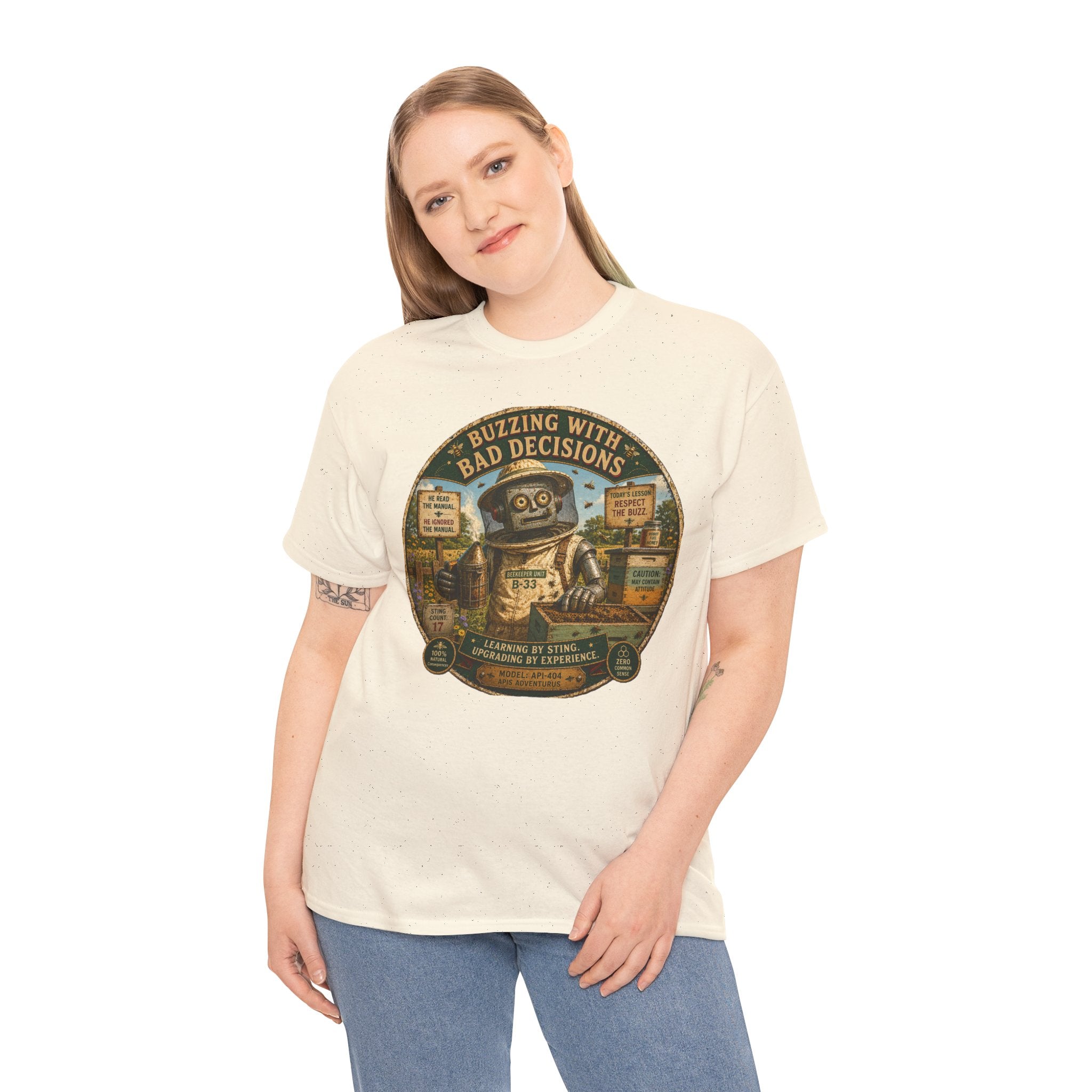 Buzzing With Bad Decisions T-Shirt — Funny Robot Beekeeper Graphic Tee