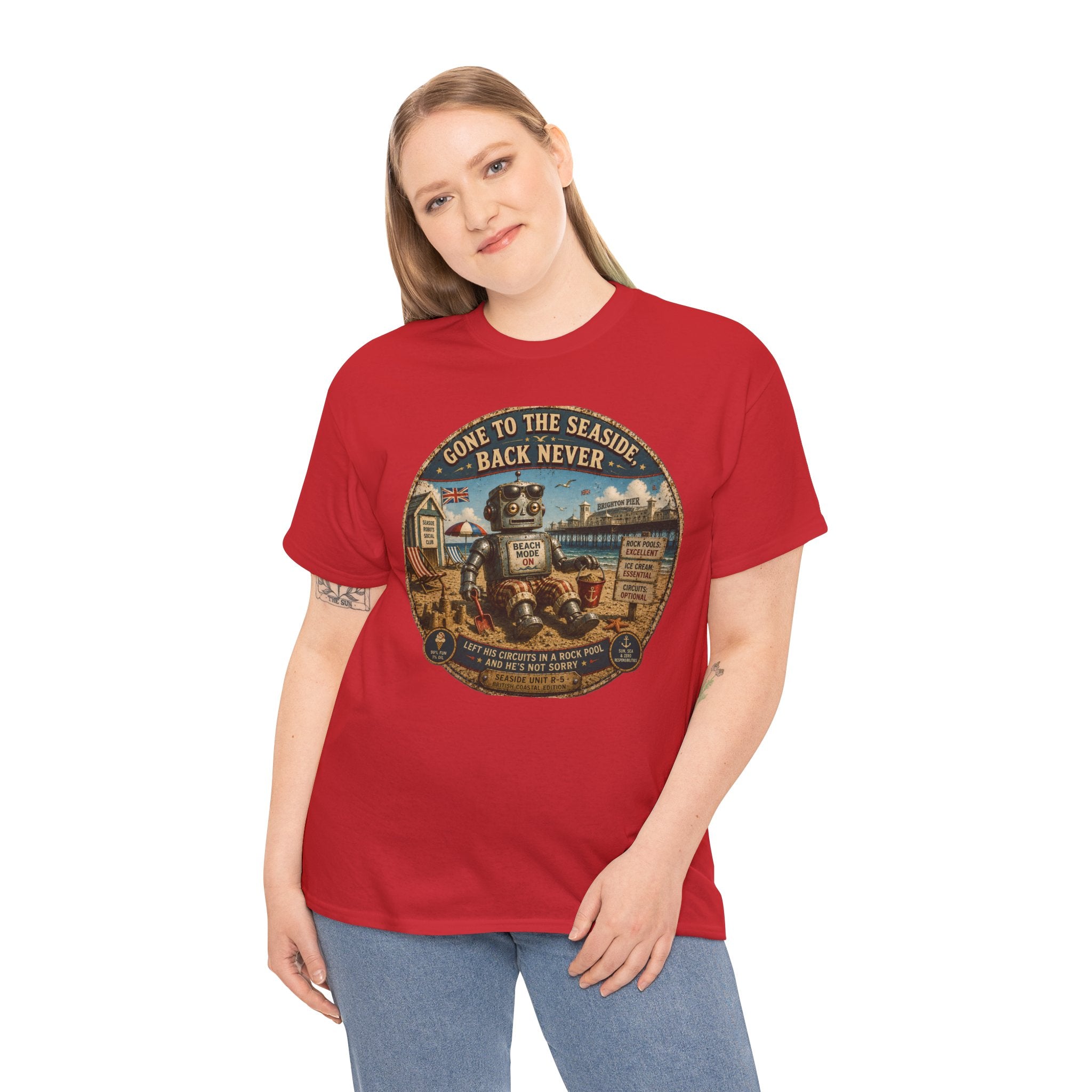 Gone to the Seaside, Back Never T-Shirt — Funny British Seaside Robot Graphic Tee