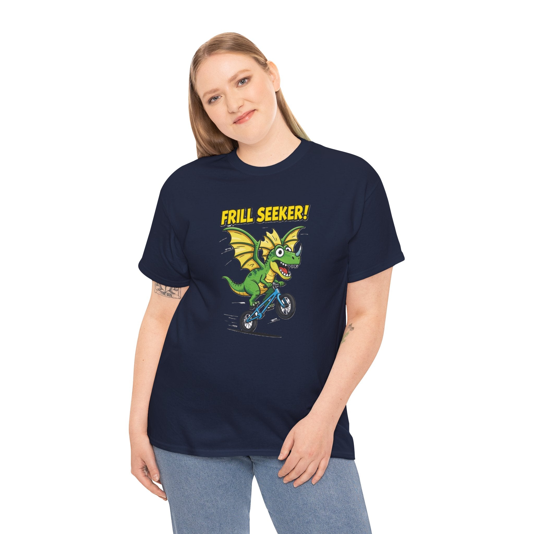Frill Seeker T-Shirt – Funny Dragon Dinosaur BMX Bike Cartoon | Thrill Seeker Dino Pun Graphic Tee