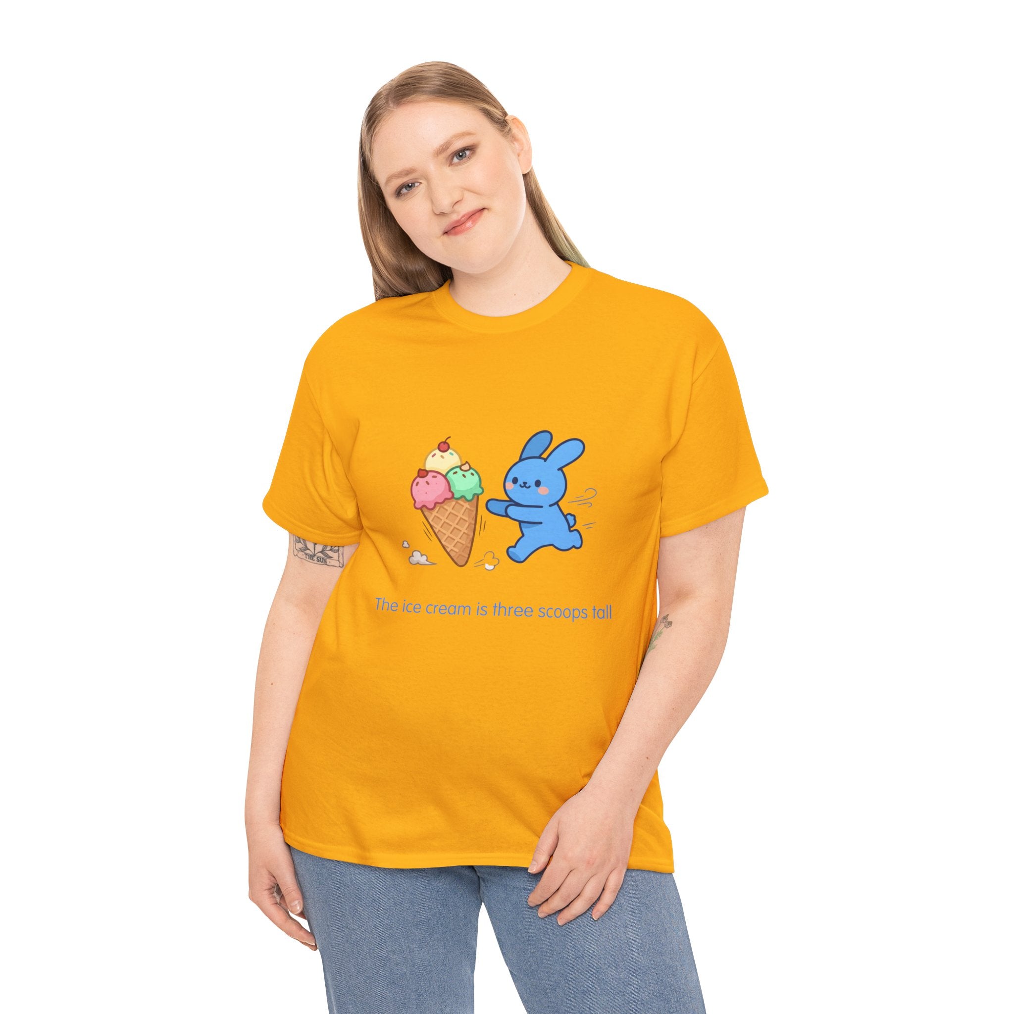 Ice Cream Bunny T-Shirt — The ice cream is three scoops tall. The bunny is determined.