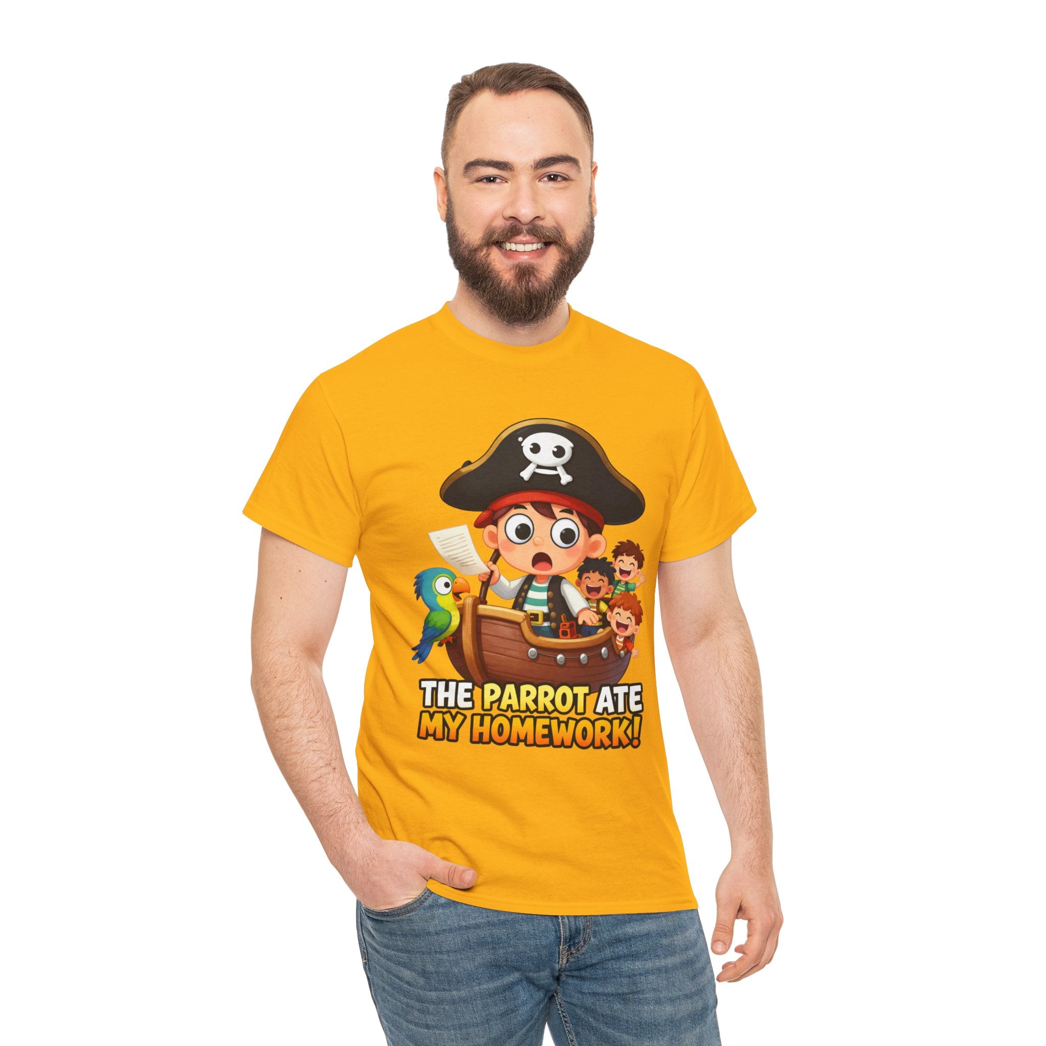 The Parrot Ate My Homework T-Shirt – Funny Pirate School Excuse Cartoon | Kids Pirate Humour Graphic Tee