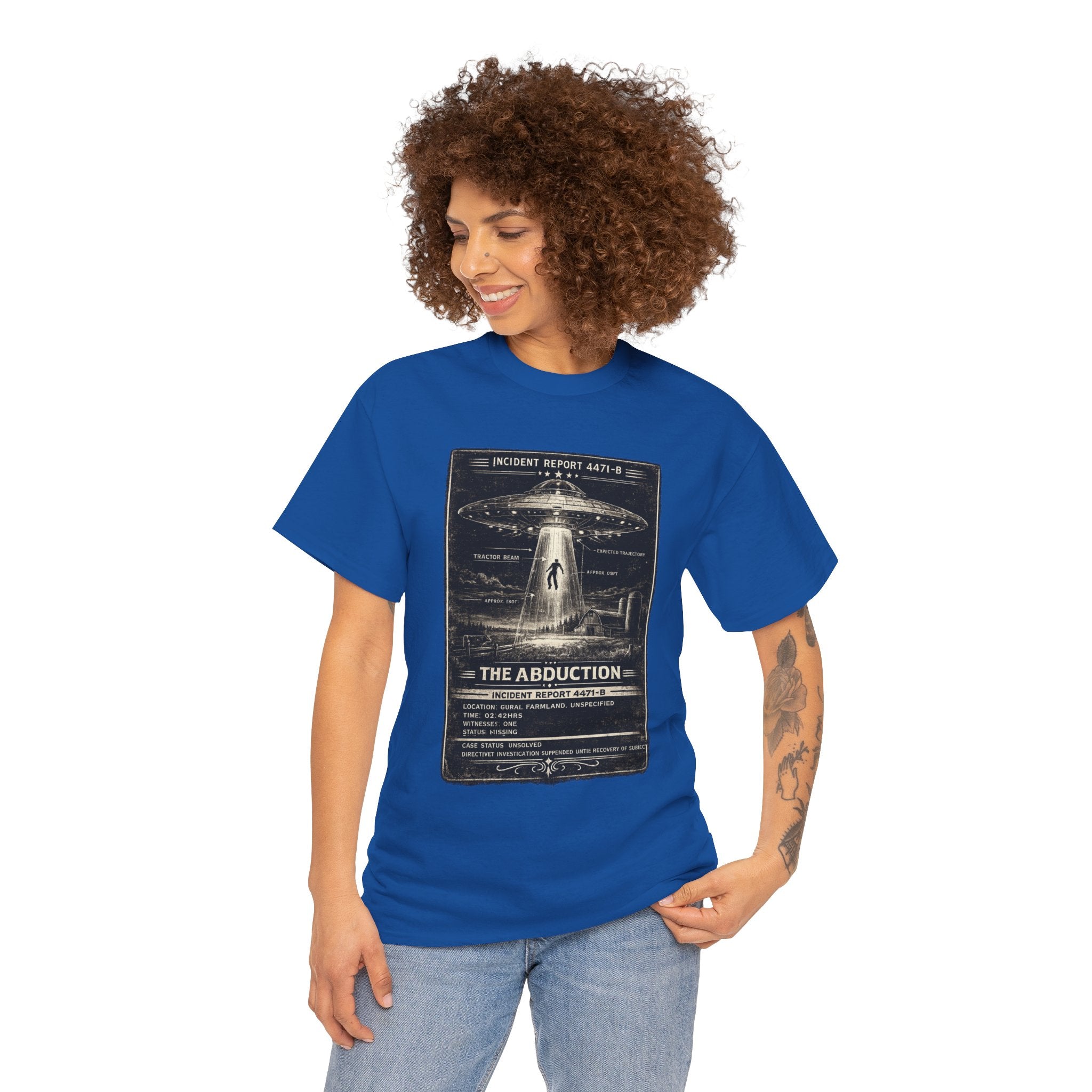 The Abduction – Close Encounter Tractor Beam Field Incident Report Vintage UFO Graphic T-Shirt