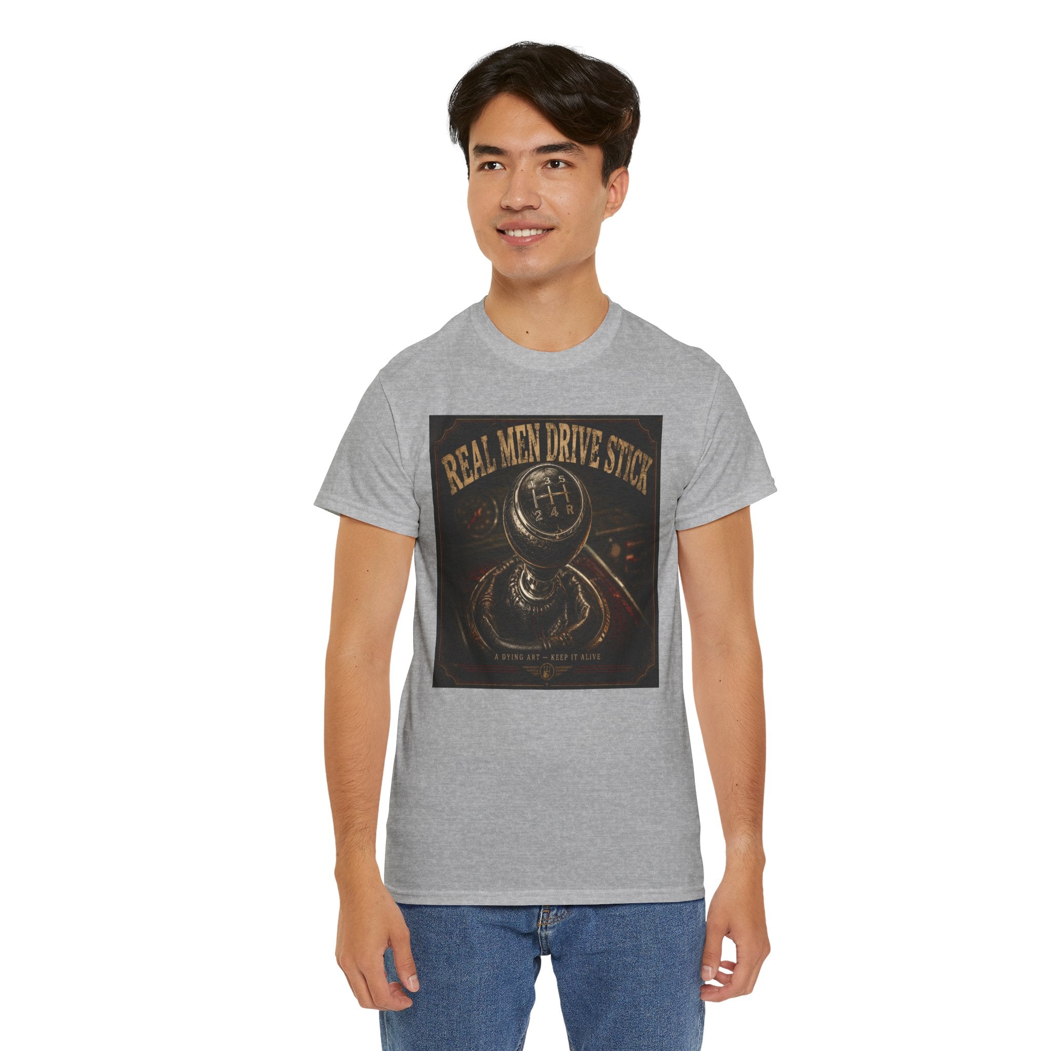 Real Men Drive Stick T-Shirt | Manual Transmission Graphic Tee | Stick Shift Car Lover Shirt | Vintage Gearhead Humour Art