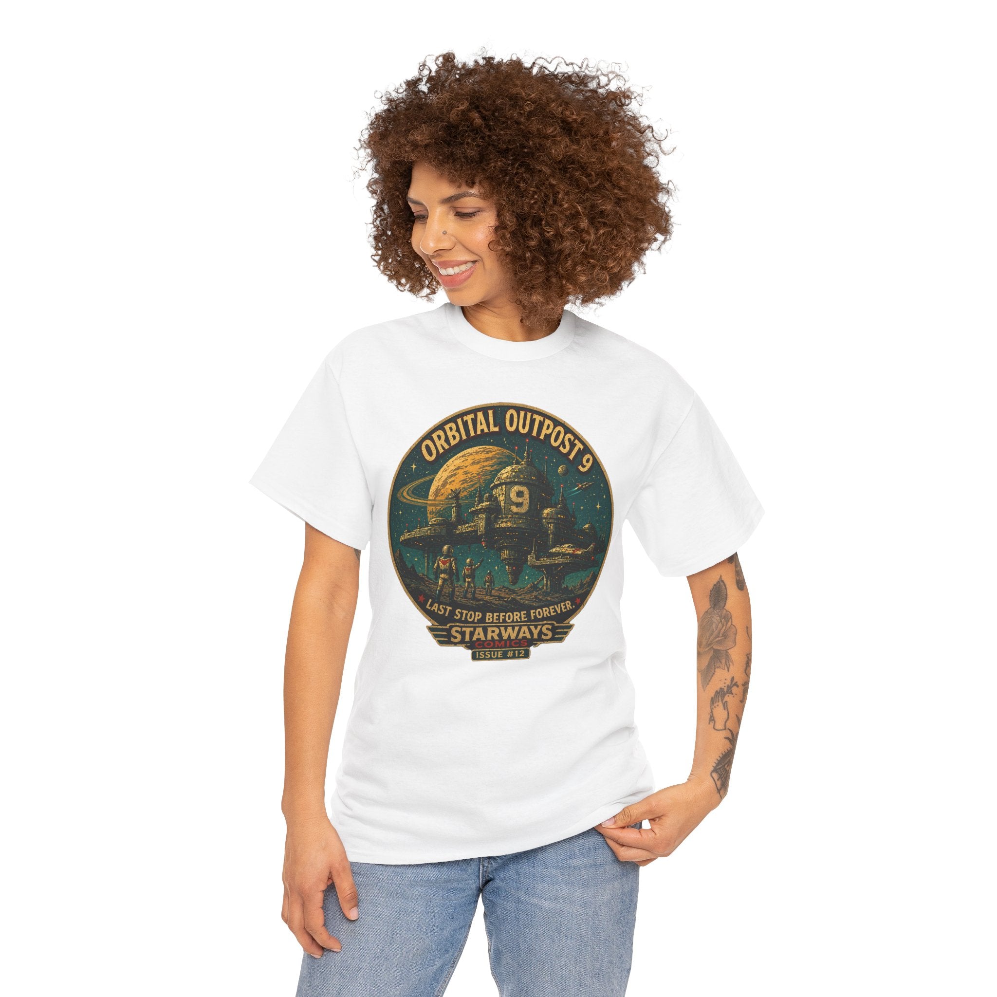 Orbital Outpost 9 T-Shirt | Retro Sci-Fi Space Station Graphic Tee | Vintage Astronaut Comic Shirt | Starways Comics Issue 12