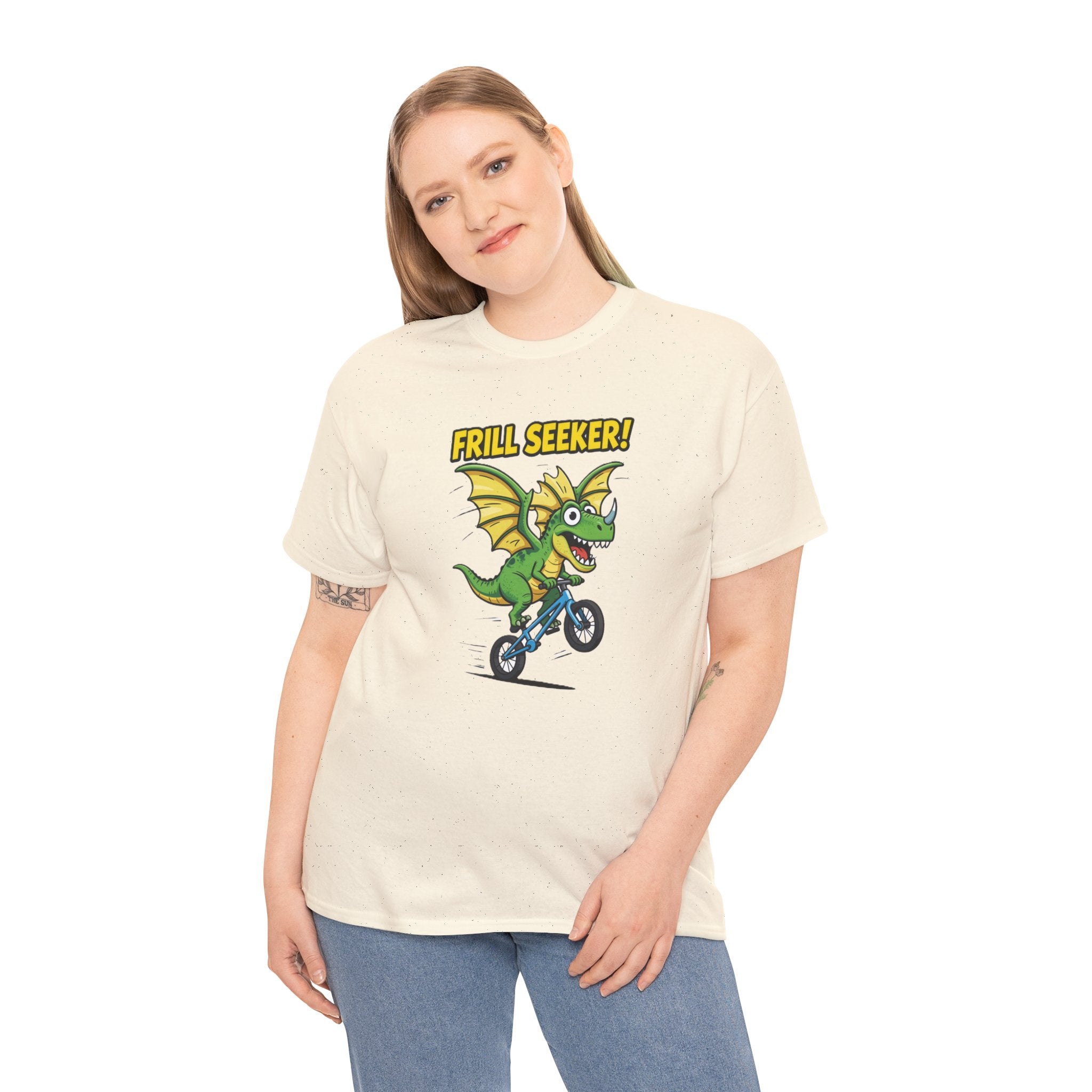 Frill Seeker T-Shirt – Funny Dragon Dinosaur BMX Bike Cartoon | Thrill Seeker Dino Pun Graphic Tee