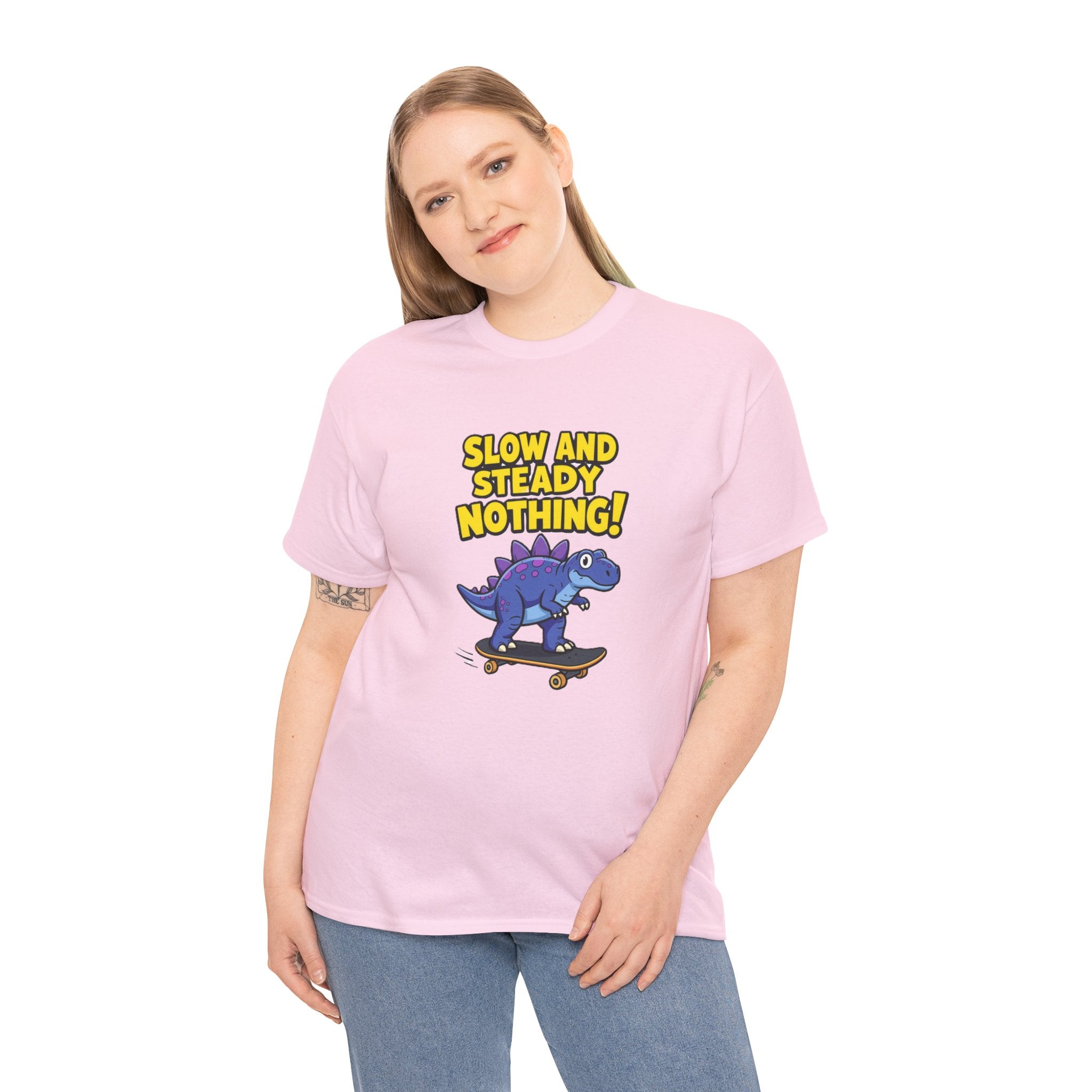 Slow and Steady Nothing T-Shirt – Funny Purple Stegosaurus Skateboard Cartoon | Dino Skater Saying Graphic Tee
