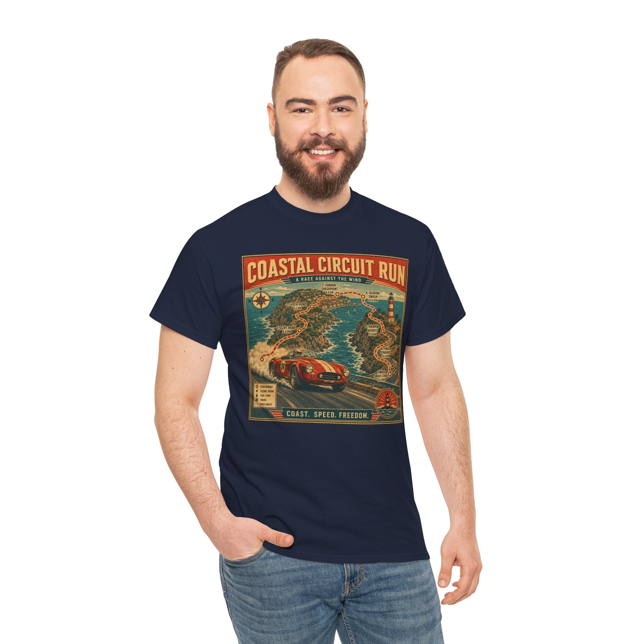 Coastal Circuit Run T-Shirt | Vintage Racing Map Graphic Tee | Classic Car Rally Route Shirt | Retro Motorsport Travel Poster Art