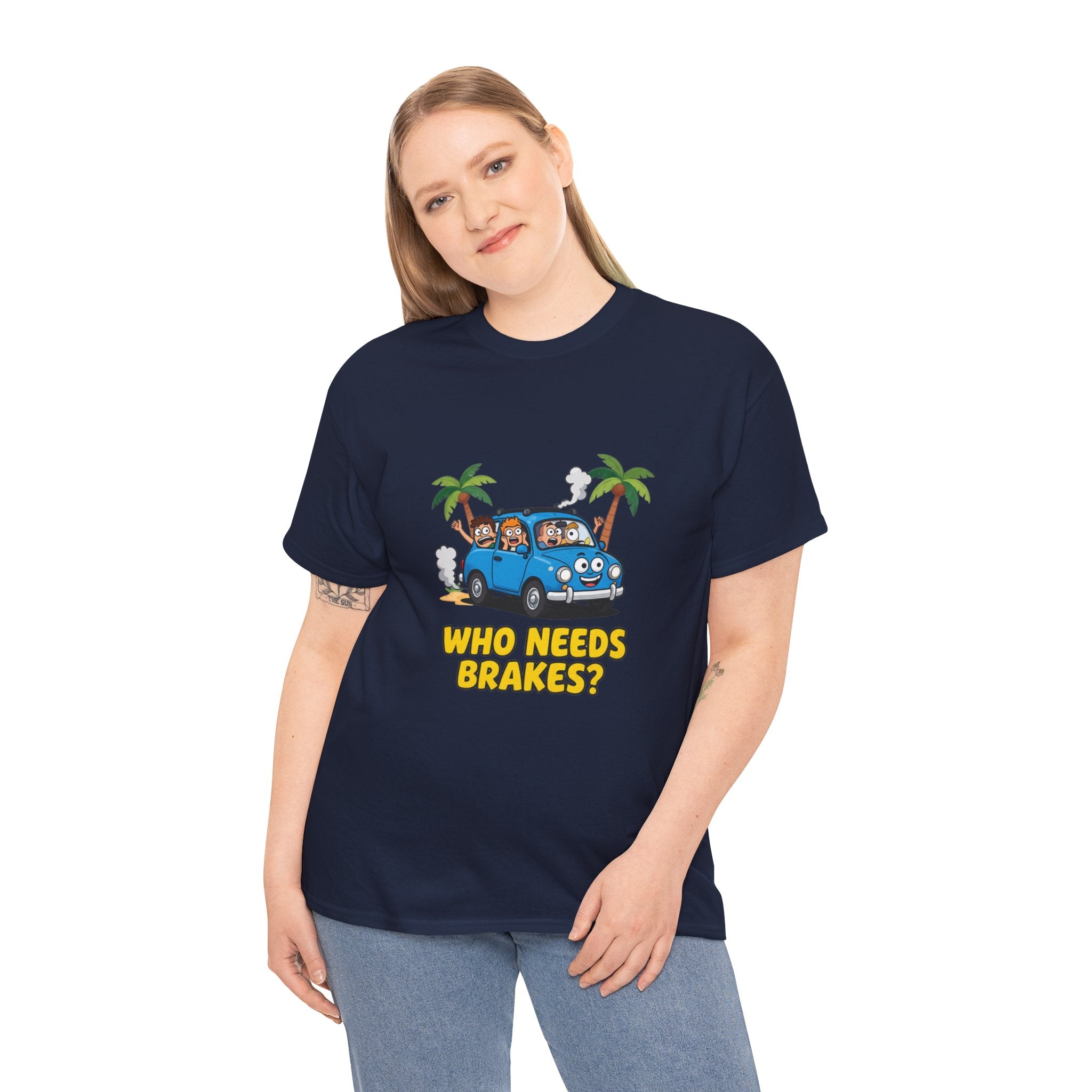 Who Needs Brakes T-Shirt – Funny Cartoon Car Holiday Road Trip | Terrified Passengers Driving Humour Graphic Tee