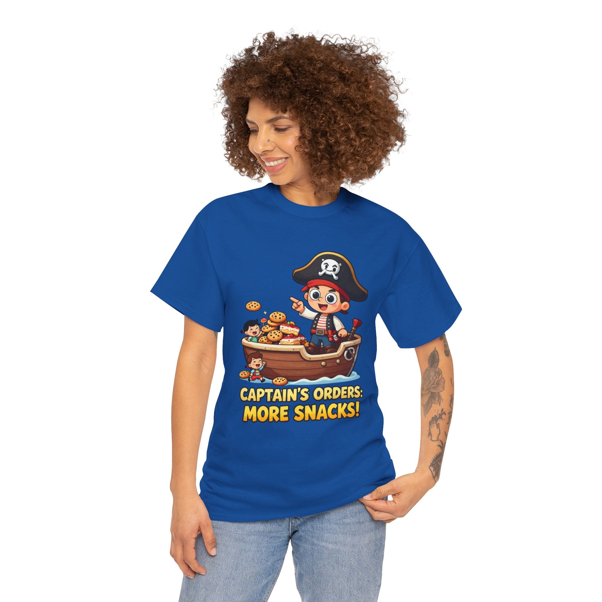 Captain's Orders More Snacks T-Shirt – Funny Pirate Cookie Cake Food Cartoon | Nautical Foodie Humour Graphic Tee