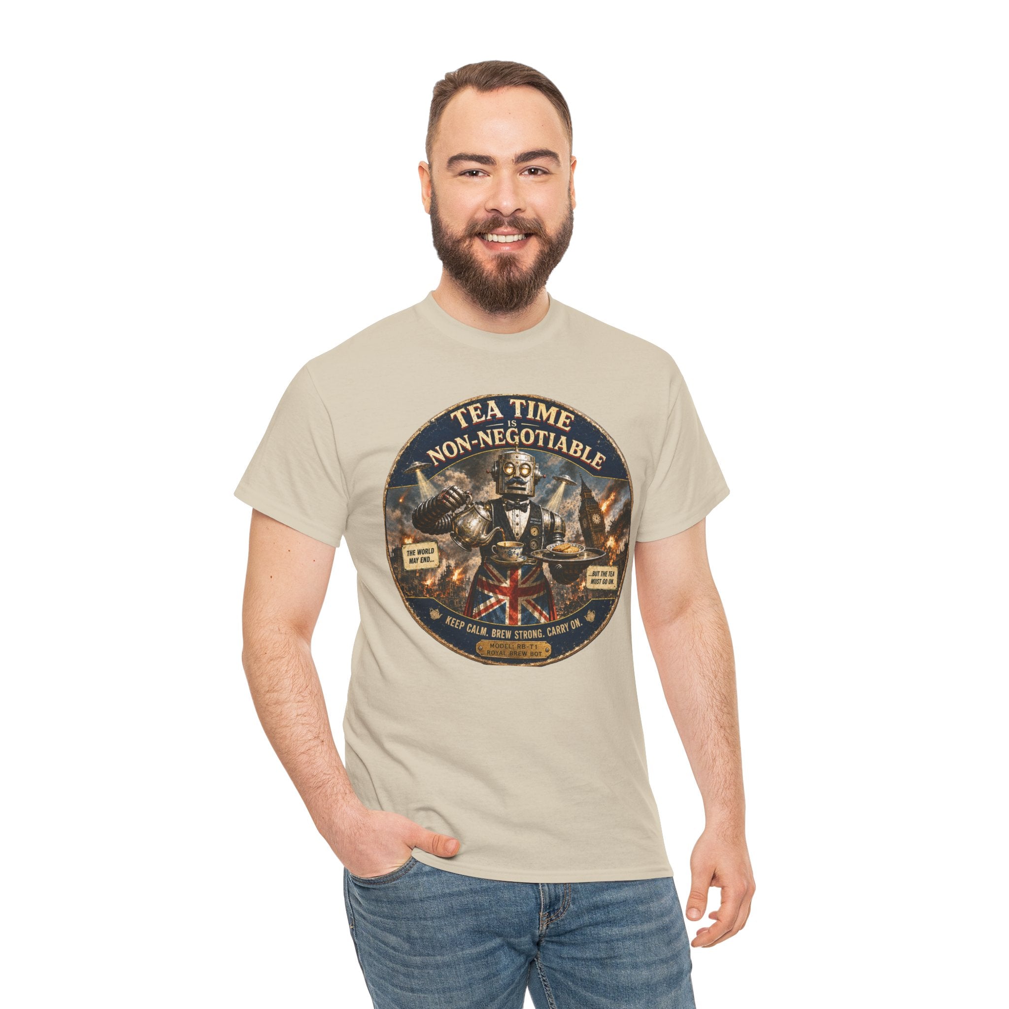 Tea Time is Non-Negotiable T-Shirt — Funny British Butler Robot Graphic Tee