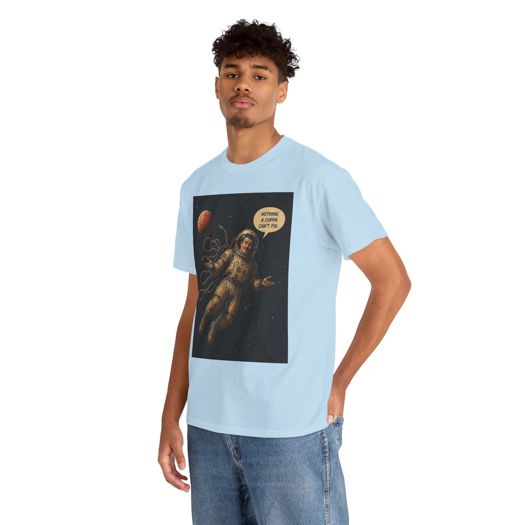 Nothing a Cuppa Can't Fix T-Shirt | Funny Astronaut Space Graphic Tee | British Humour Sci-Fi Shirt