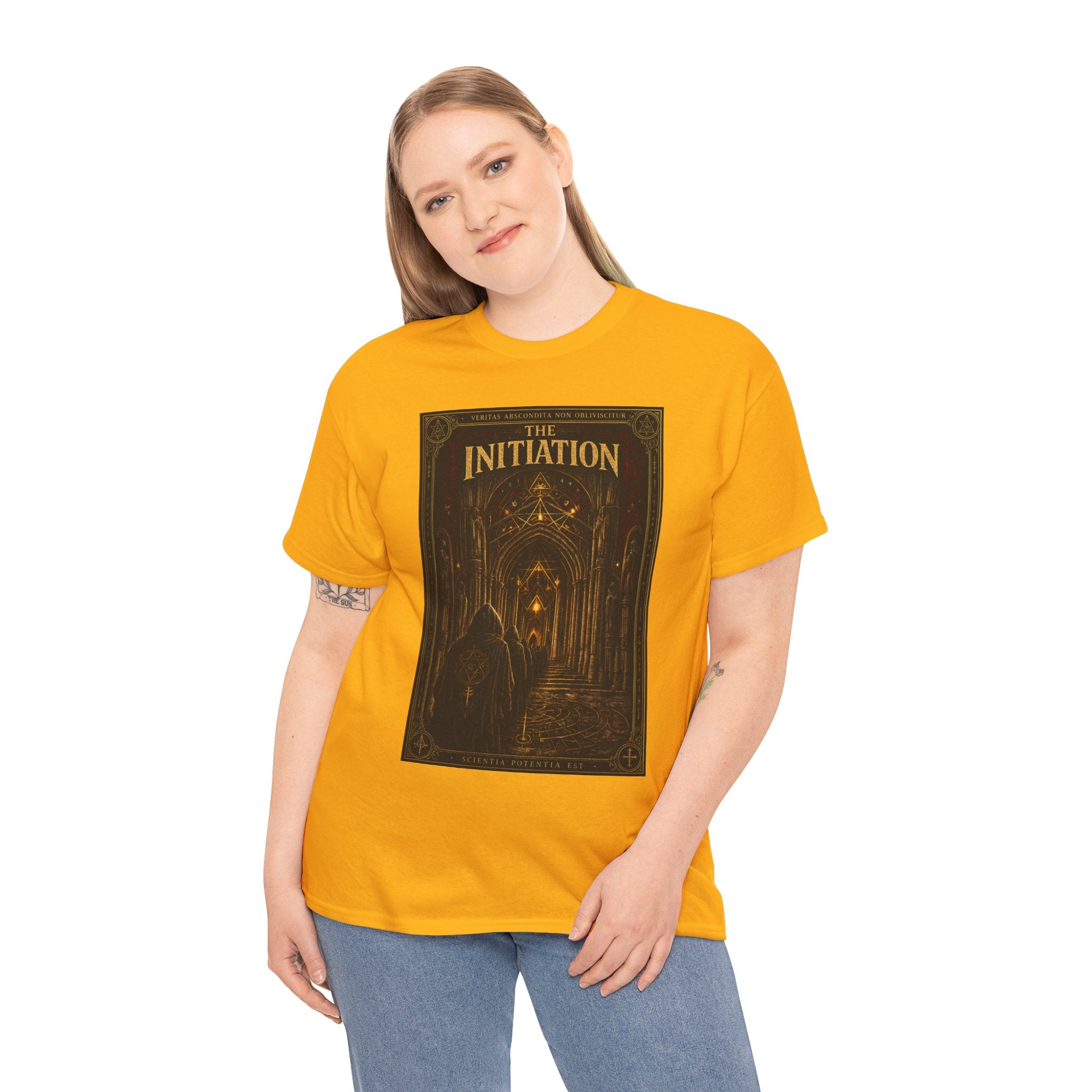 The Initiation T-Shirt | Gothic Cathedral Occult Graphic Tee | Hooded Ritual Procession Shirt | Dark Academia Mystic Art