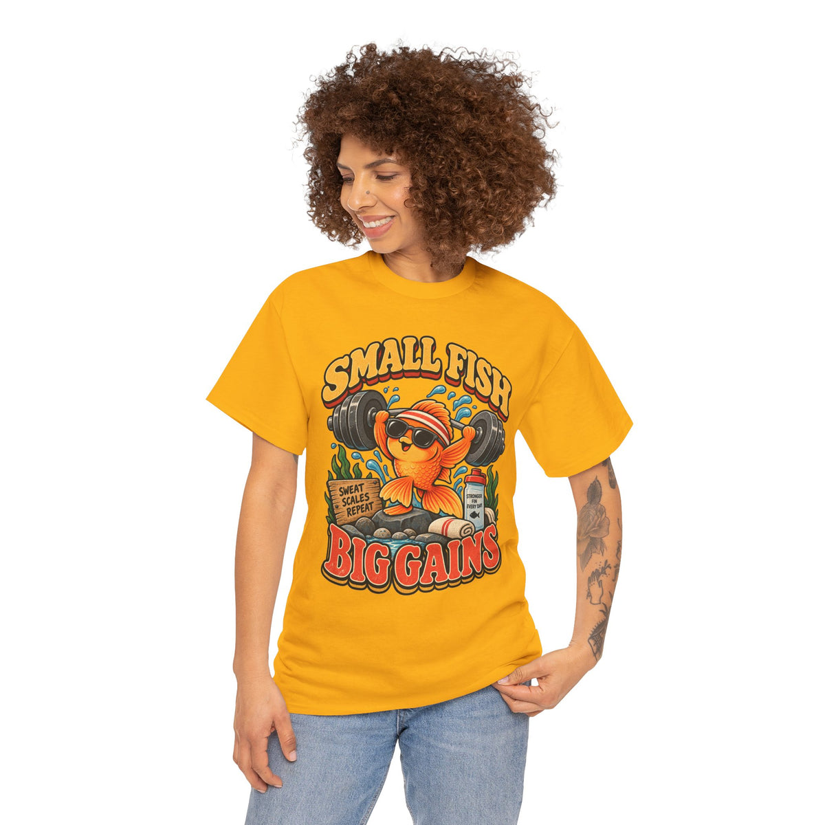 Small Fish Big Gains Goldfish Gym T-Shirt – Funny Weightlifting Fish Tee