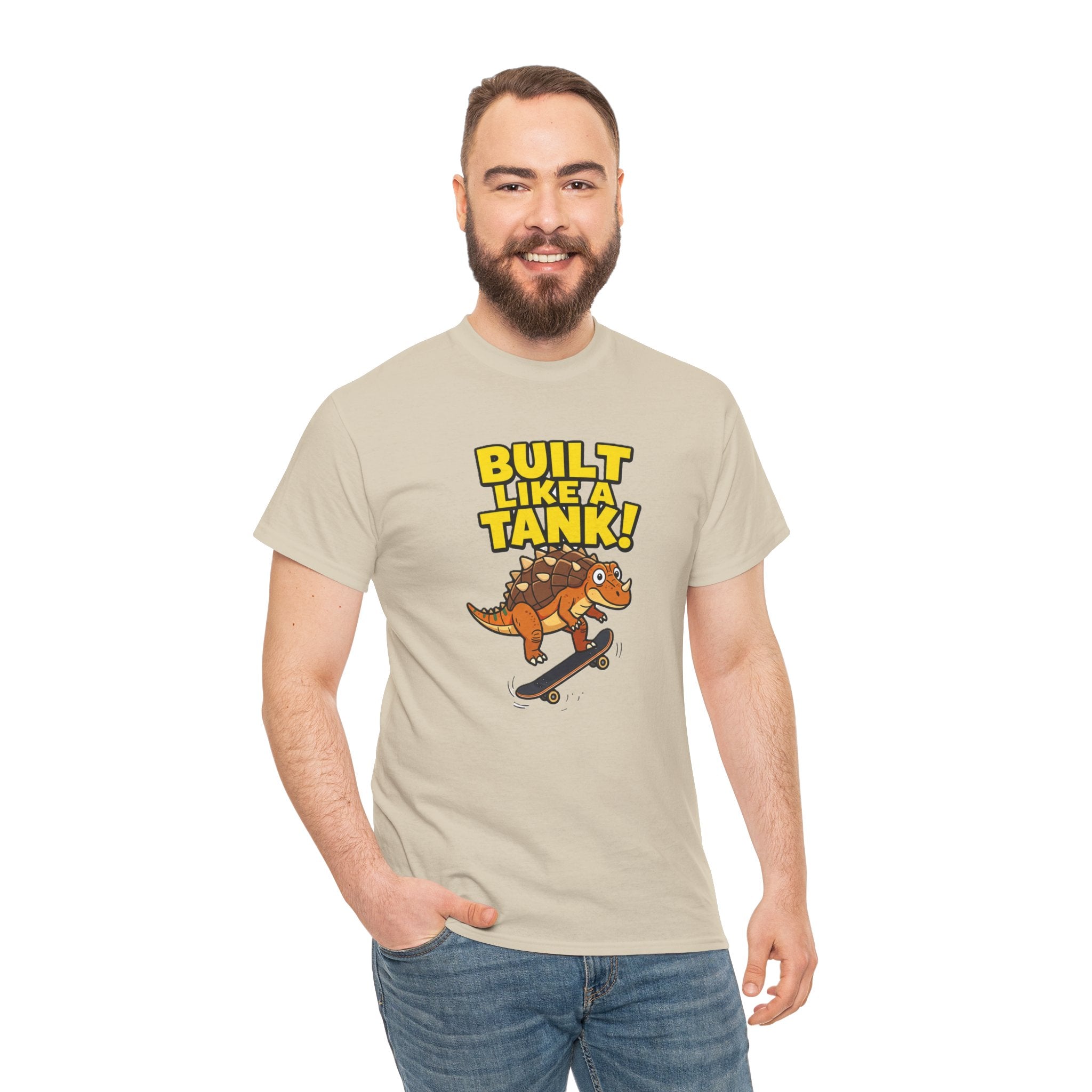 Built Like a Tank T-Shirt – Funny Ankylosaurus Skateboard Cartoon Dinosaur | Armoured Dino Skater Graphic Tee